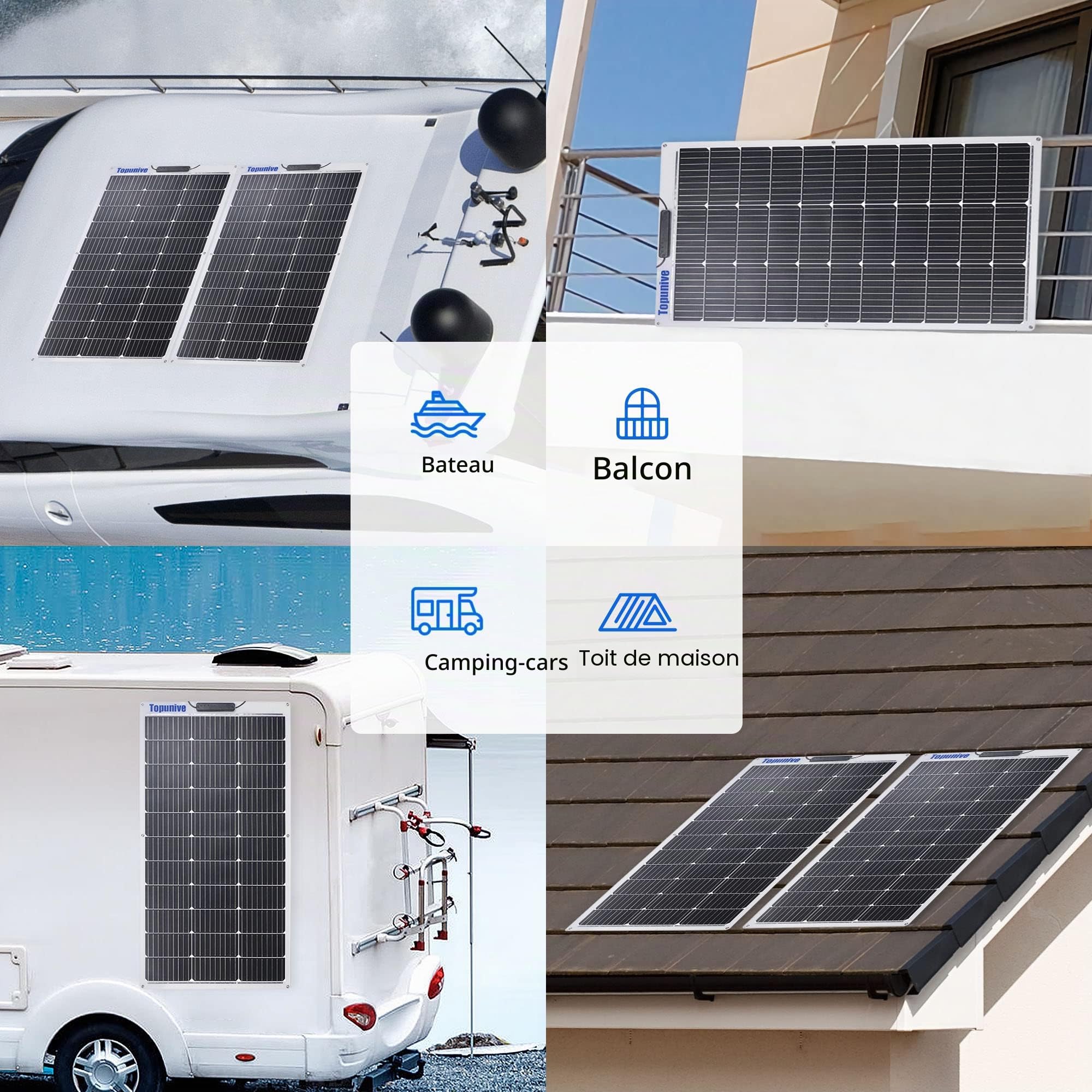 Lot de 2 panneaux solaires flexibles monocristallins 100 W 12 V pour batteries caravane, camping-car, bateau, yacht, marine