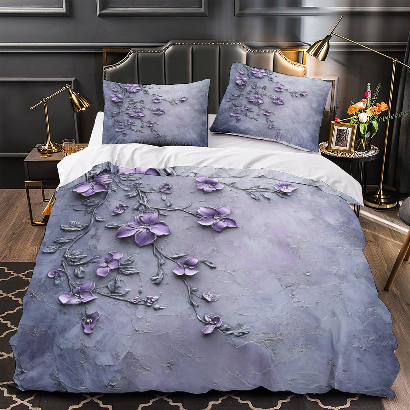Housse de couette violette 260x220 art floral en microfibre pour grand lit double