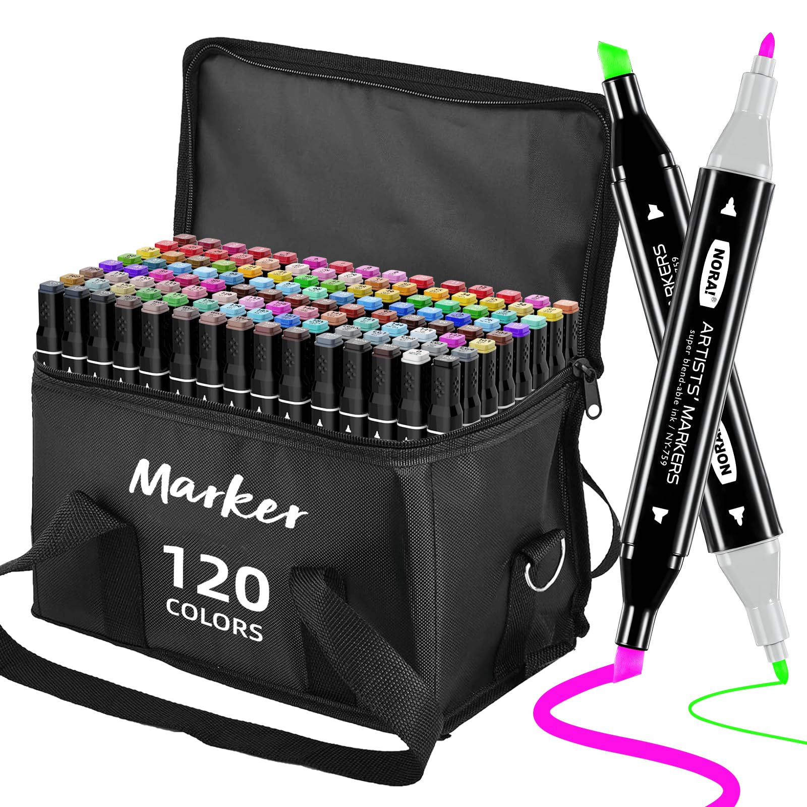 GOMTTS 120-pcs Alcohol Markers Set, Art Markers with Dual Brush and Fine Tips, Colouring Pens for Adults, Artists ＆ Beginners - Drawing, Sketching, Anime & Design