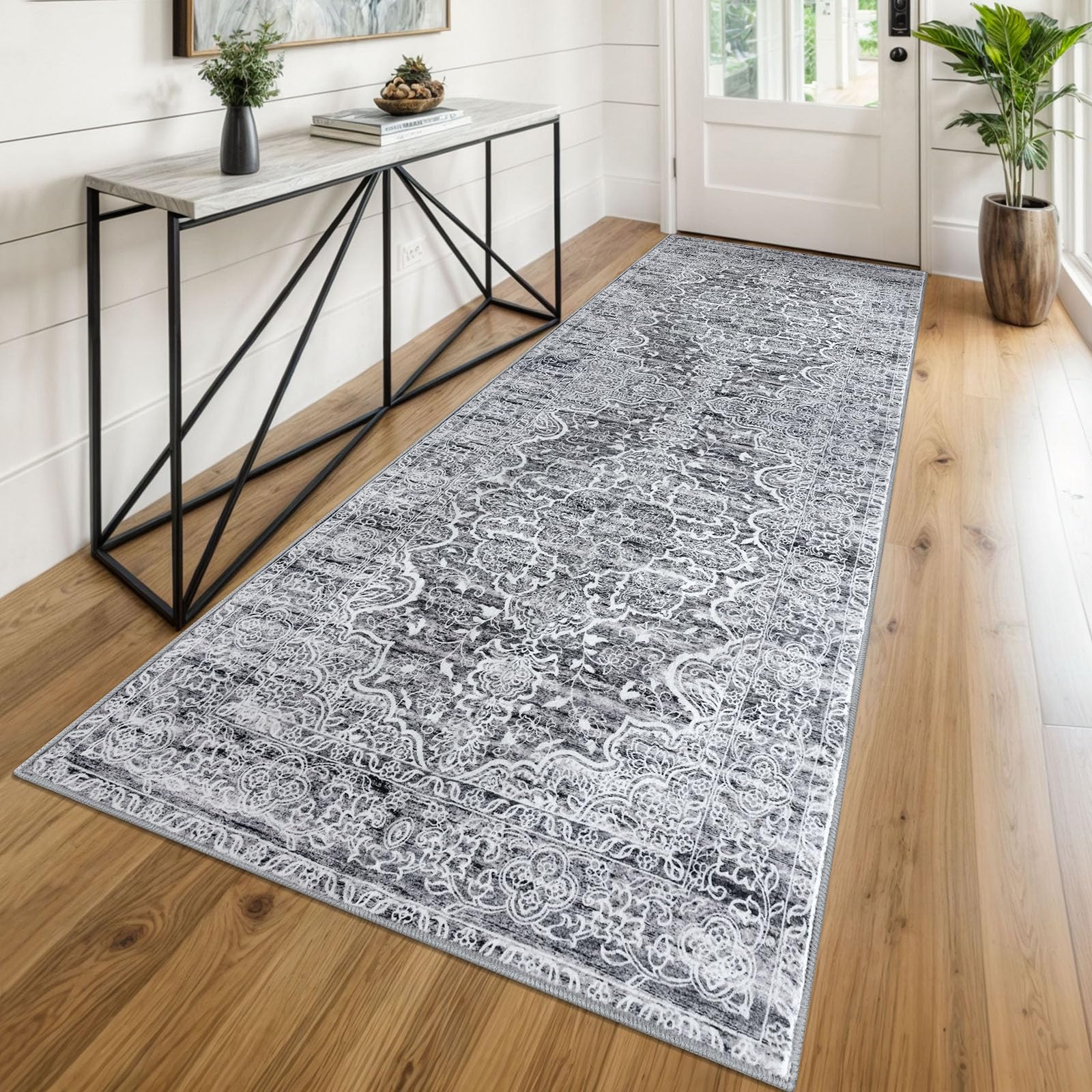 KUTA Washable Kitchen Runner 3x8, Grey Blue White Non Skid Washable 8ft Rug, Printed Vintage Distressed Tribal Area Rugs Ultra Soft Carpet Runners for