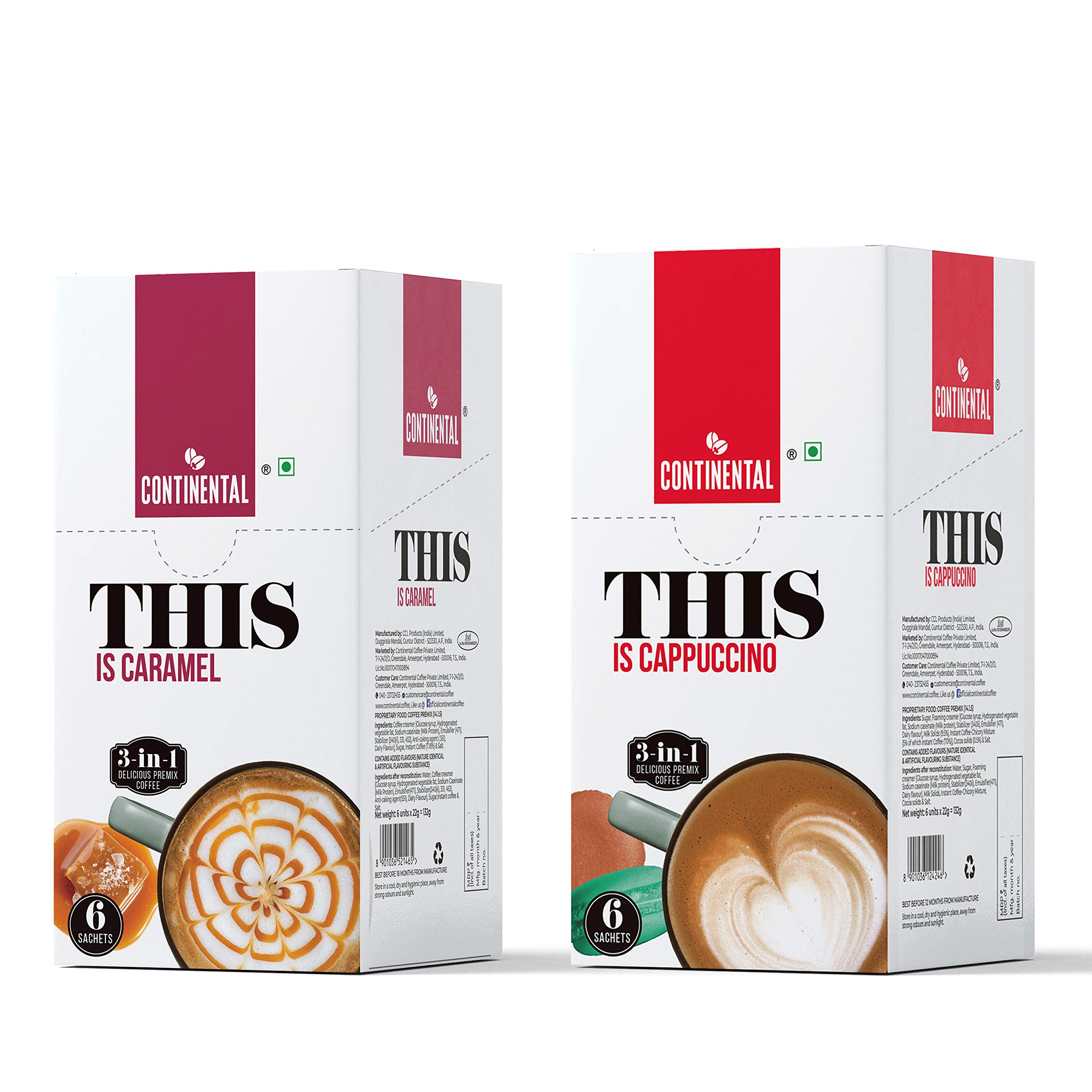 Continental This Cappuccino + Caramel 3 In 1 Premix Instant Coffee 132G+132G, Powder, Sachets, 264 Gram
