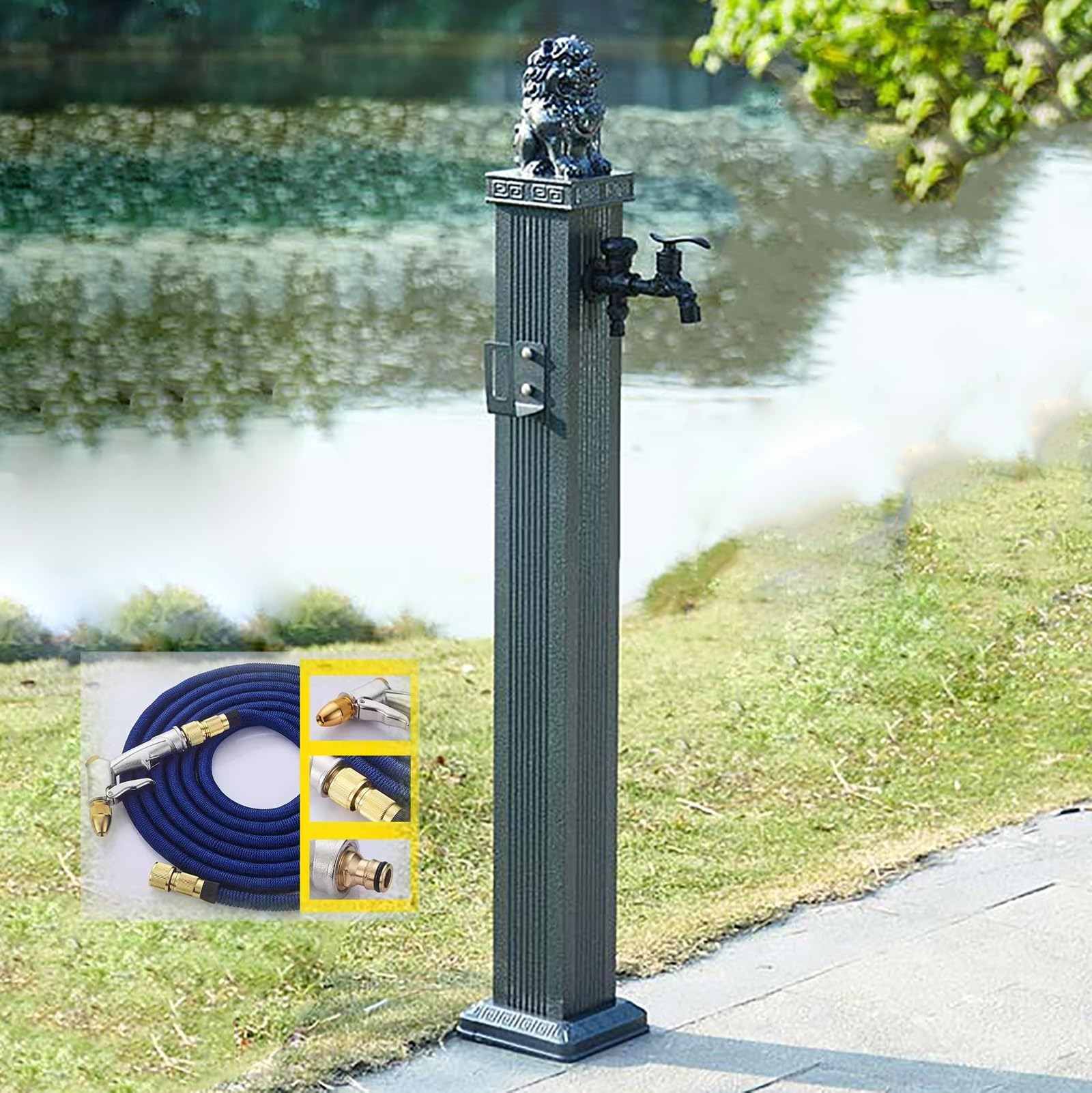 XBTGS Independent Water Column for Garden, Gold, 113 cm (44") Height, Double Exterior Tap, Hydrant for Antifreeze Hose, Proof Faucet d, Gray+Spray Gun-113cm/44in