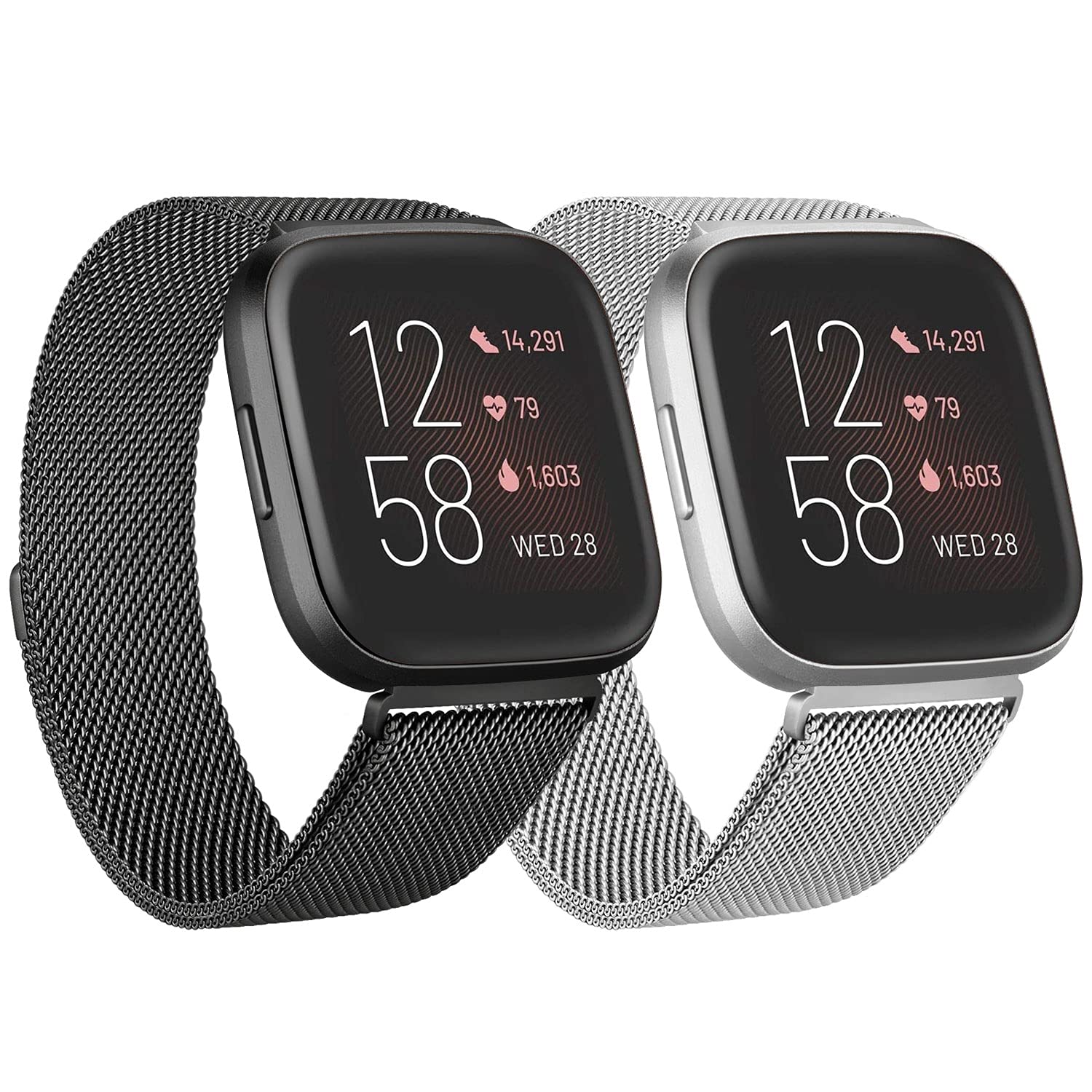 2 Pack Metal Bands for Fitbit Versa / Fitbit Versa 2 / Fitbit Versa Lite for Women Men, Stainless Steel Mesh Breathable Wristband Strap with Adjustable Magnet Lock