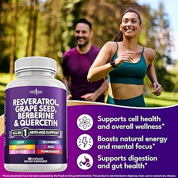 NEW AGE Resveratrol, Berberine, Grape Seed Extract, Quercetin - Polyphenol Supplement for Women and Men with Noni, N-Acetyl Cysteine, Acai - 60 Capsules
