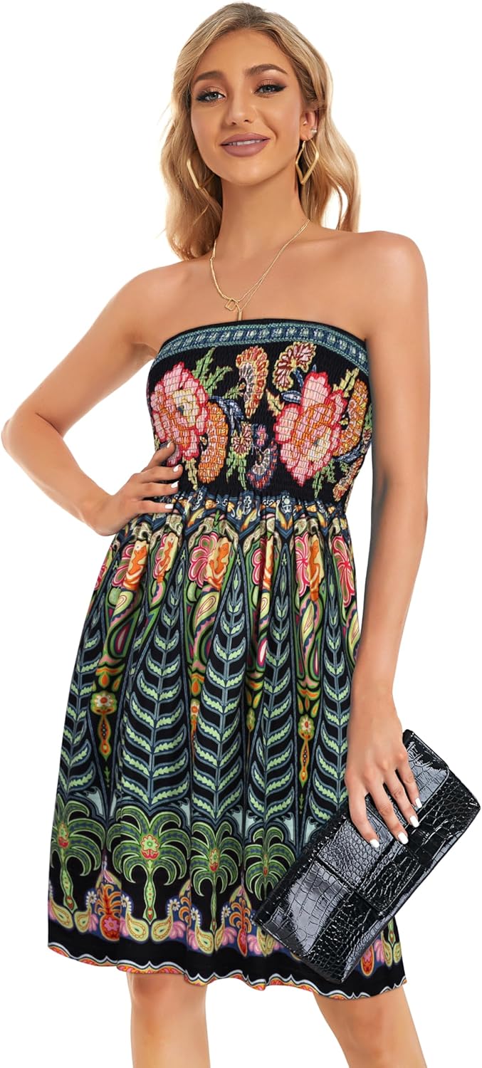 CHICGAL Summer Dresses for Women Beach Cover Ups Strapless Boho Floral Print Sundress - Image 5