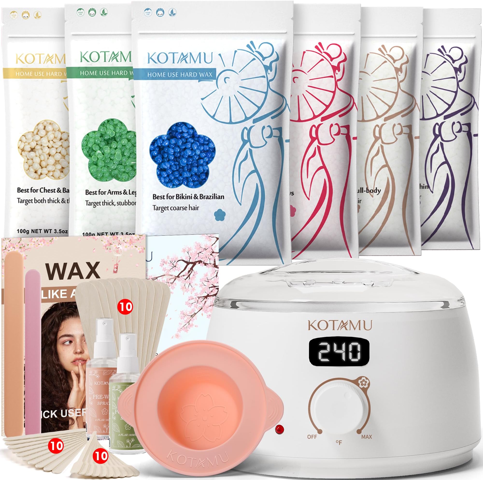 KOTAMU Waxing Kit for Women & Men, Professional Wax Kit for Hair Removal, Digital Wax Pot for Thick Coarse Fine Fuzzy Hair & Sensitive Skin, White Waxing Warmer with 44 Accessories for Home Salon Use