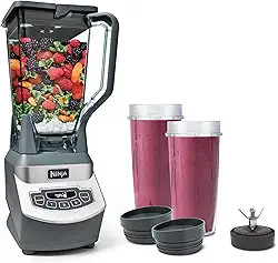Liquidificador Ninja BL660 Profissional compacto, processamento de alimentos e vitaminas, 1.100 W, 3 funções, jarra de 2 L, 2 copos de 473 ml com tampas de bico para viagem, cinza