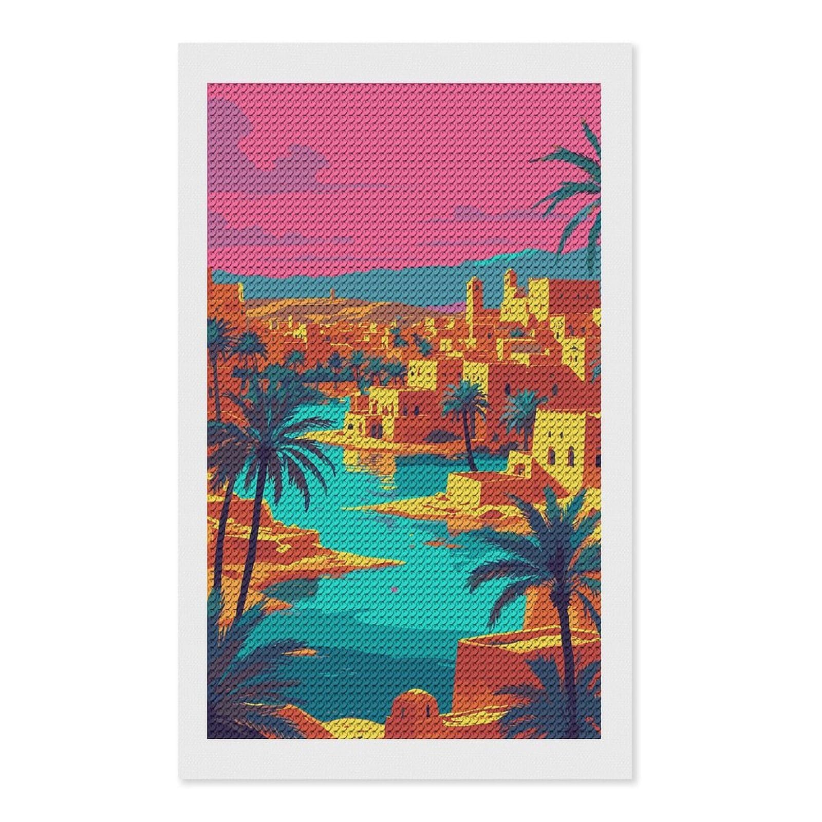 Junmoney Vibrant Desert Oasis Cityscape Illustration Diamond Painting Set 12"x20", Sparkling Round Gems, Decorate Your Room, Fun Craft Experience, Modern Decor