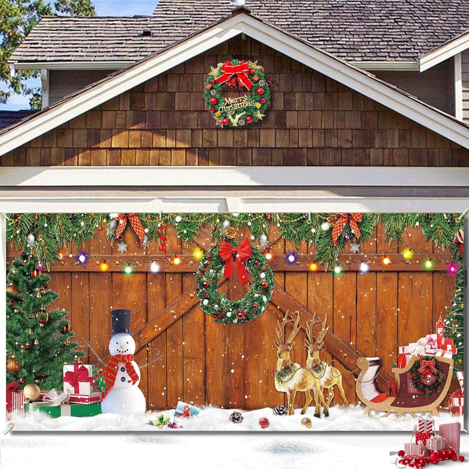 Large Christmas Garage Decoration - 16 x 7 ft Outdoor Banner with Winter Snow Reindeer Backdrop for Photo Party