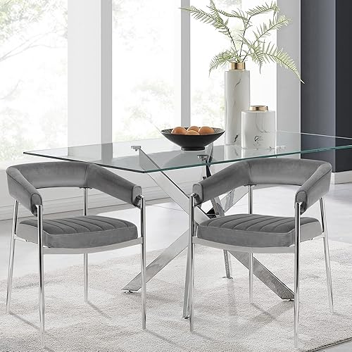 Miniatura 8 de Bekrvio Sillas de comedor con brazo de terciopelo sillas de comedor con reposabrazos sillas de cocina tapizadas con patas de metal cromado color gris