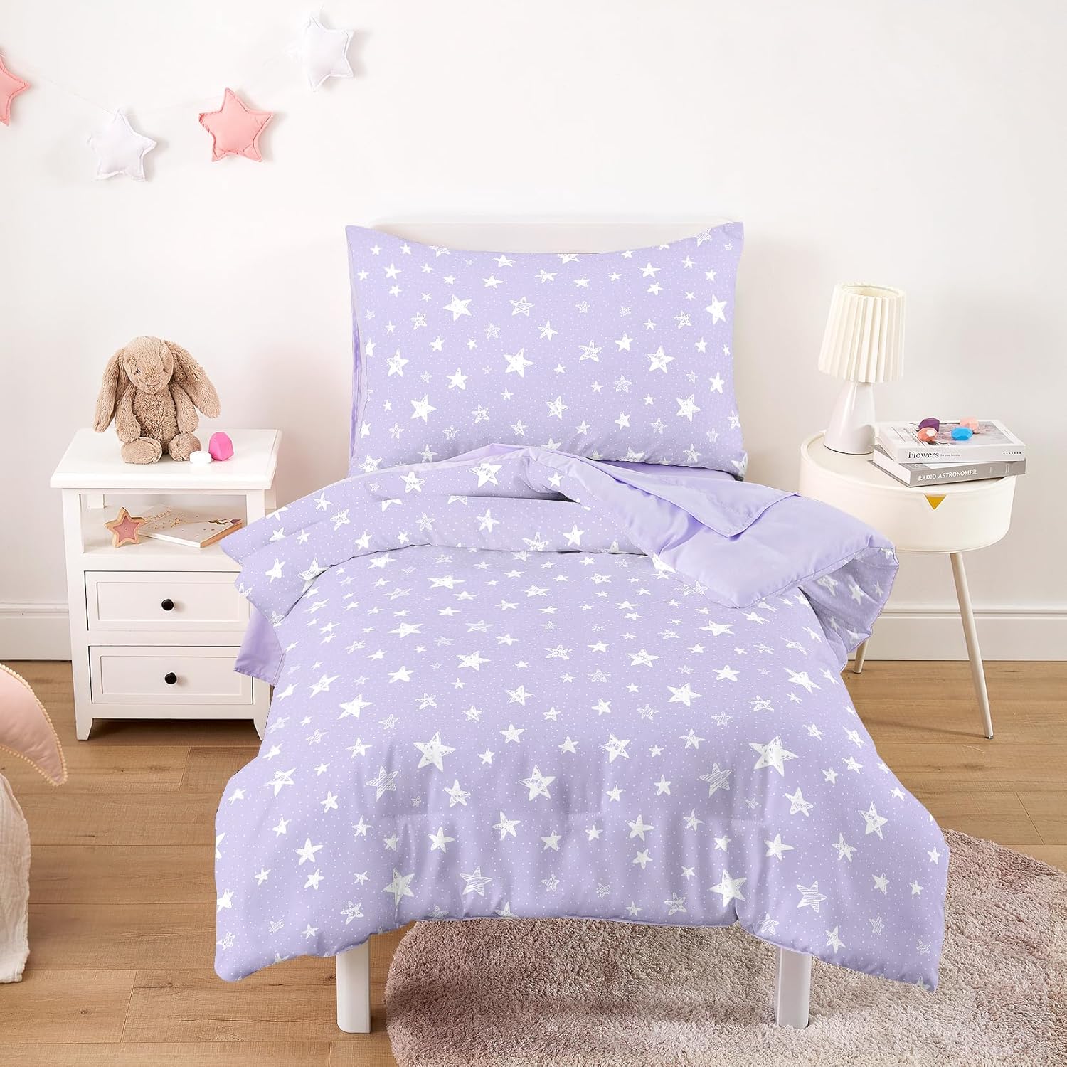 Wake In Cloud - Toddler Bedding Set for Boys Girls, Cute Star Polka Dot, 4 Pieces Soft Crib Bed Set Including Comforter, Sheets and Pillowcase, Light Purple