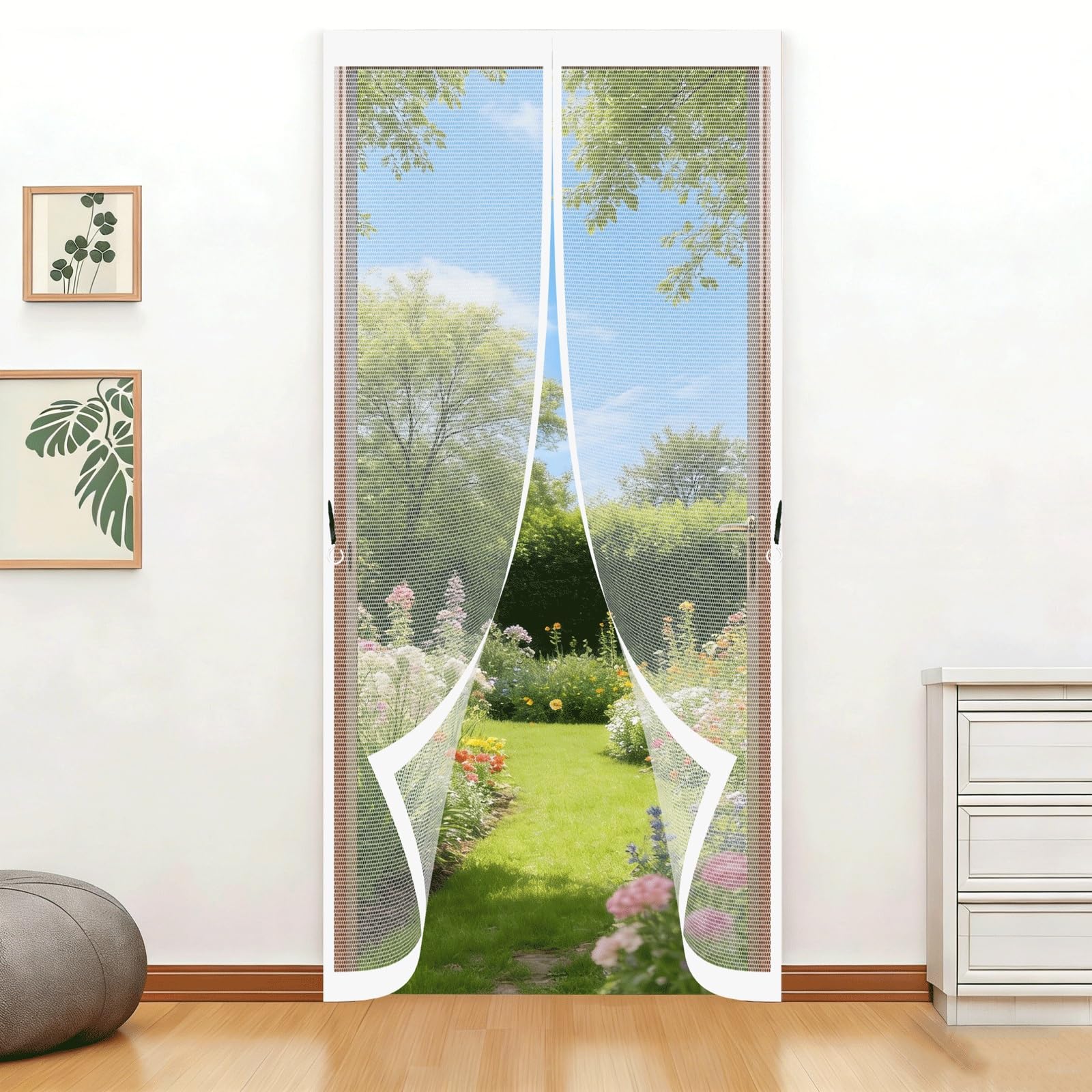 Pshzhim White Fly Screens Doors 90 X 190 Cm With Stay Open Buckles Magnetic Top-To-Bottom Seal Snaps Shuts Magnetic Fly Screen Door Curtain For Balcony, Patio, French, Sliding Doors,