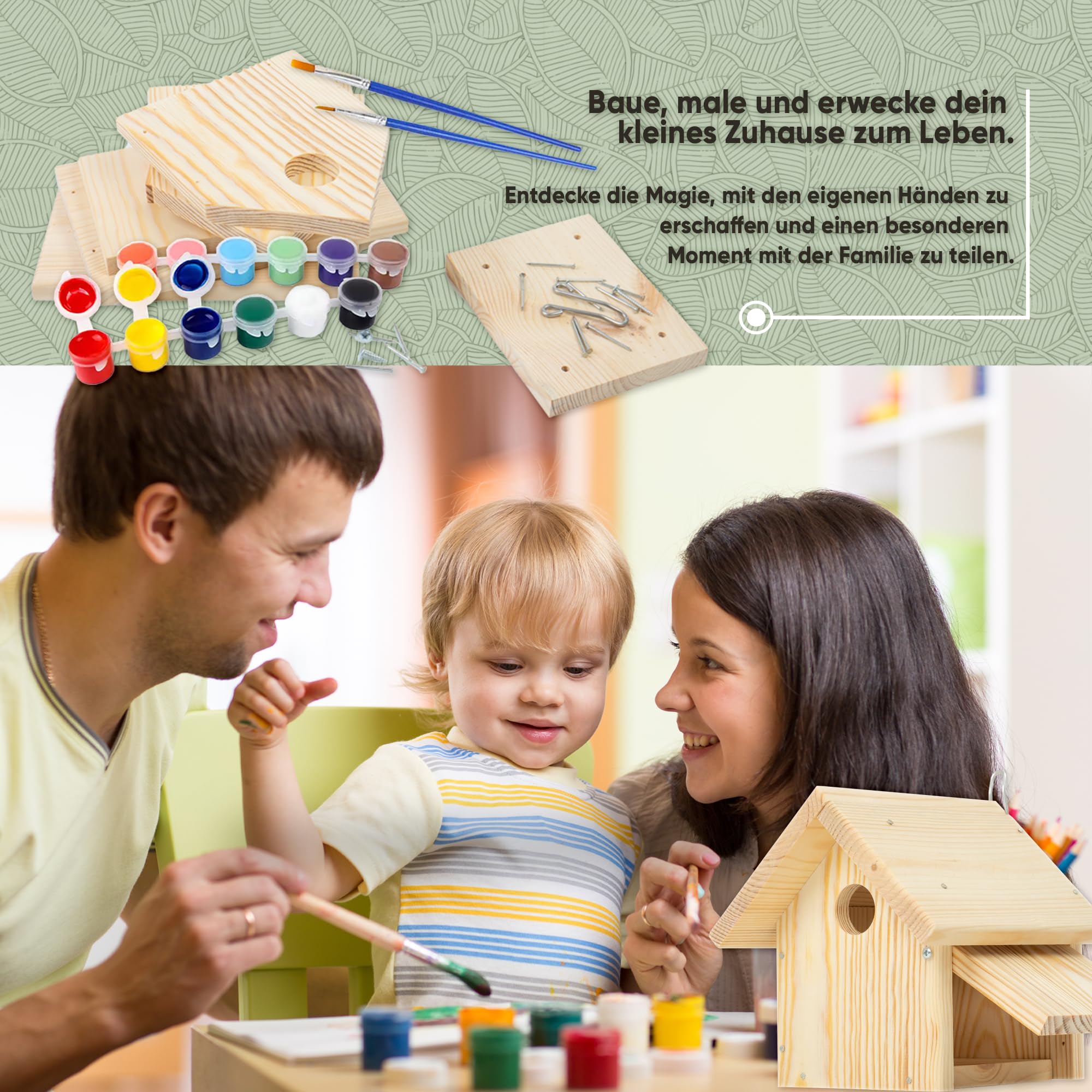 Mice&Co Vogelhaus aus Holz zum Bemalen | DIY Bastelset Nistkasten Garten | Mit 12 Farben und 2 Pinseln | Bauen, Bemalen und Gestalten als Familie
