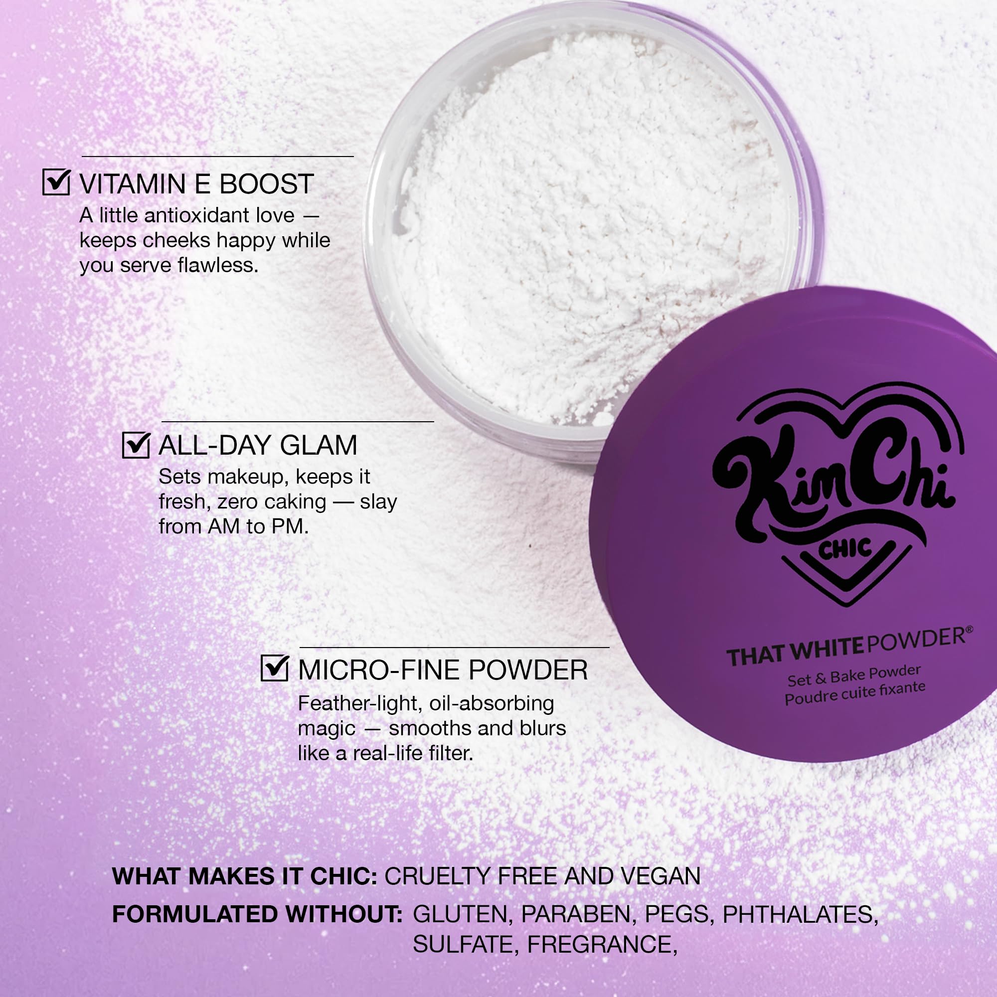 KimChiChic Beauty That White Powder Set & Bake Loose Setting Powder Makeup | Puder do twarzy z krzemionką i witaminą E, matowe wykończenie aerografem, kontrola oleju, z pudru, biały, 0.70 oz / 20 g
