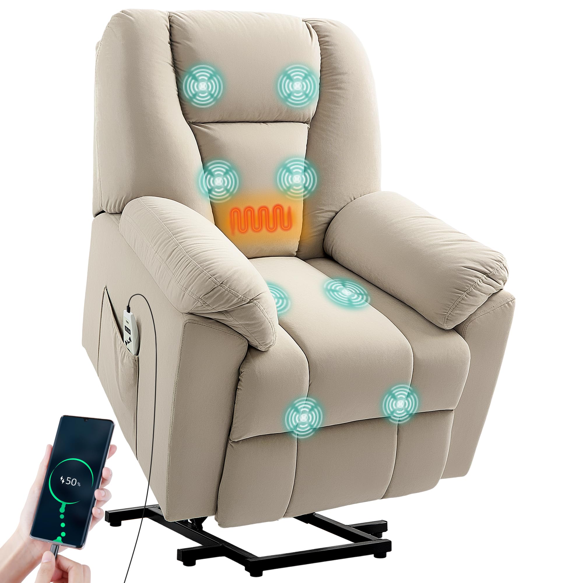 HOMCOM Fauteuil releveur électrique avec fonction massage et chauffage, fauteuil relax électrique en velours, dossier inclinable, ports USB, télécommande, fauteuil relaxant pour personnes âgées, beige