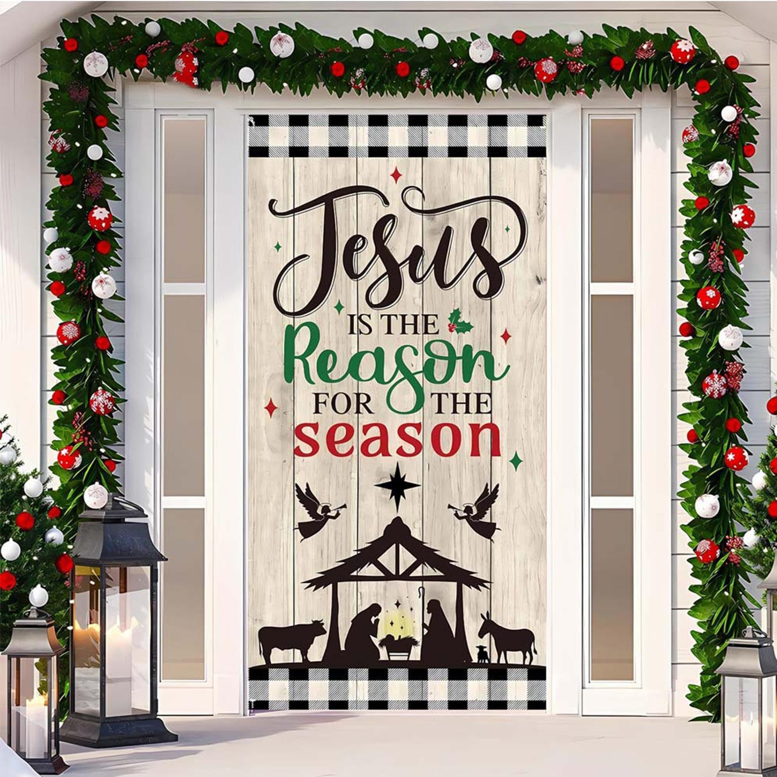 Housse De Porte Décorative Noël - 90x210 Cm, Polyester, Motif Festif, Pour Intérieur/Extérieur - 11