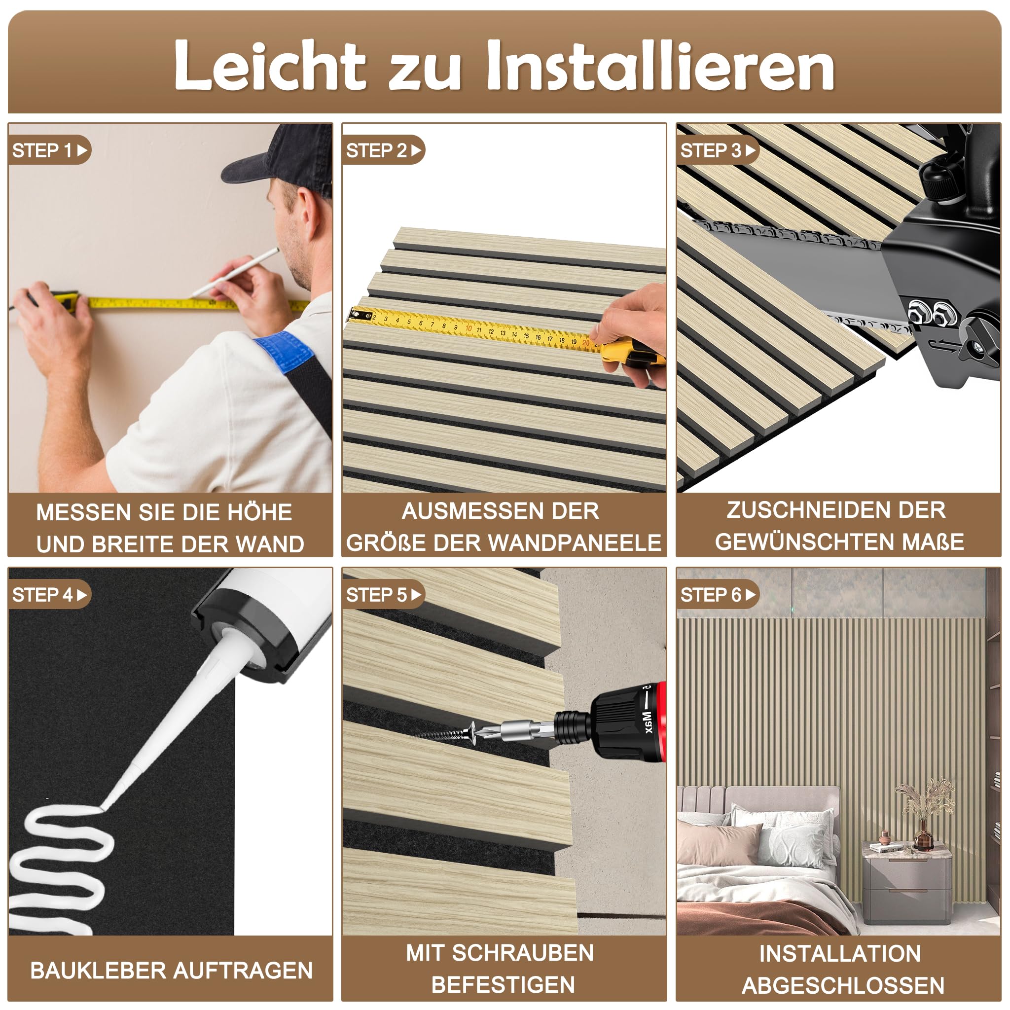 LZQ Lot de 4 panneaux acoustiques en bois véritable - Placage mural - 60 x 60 cm - Panneaux muraux à lamelles - Isolation acoustique - Décoration murale pour salon, couloir, bureau - Couleur bois