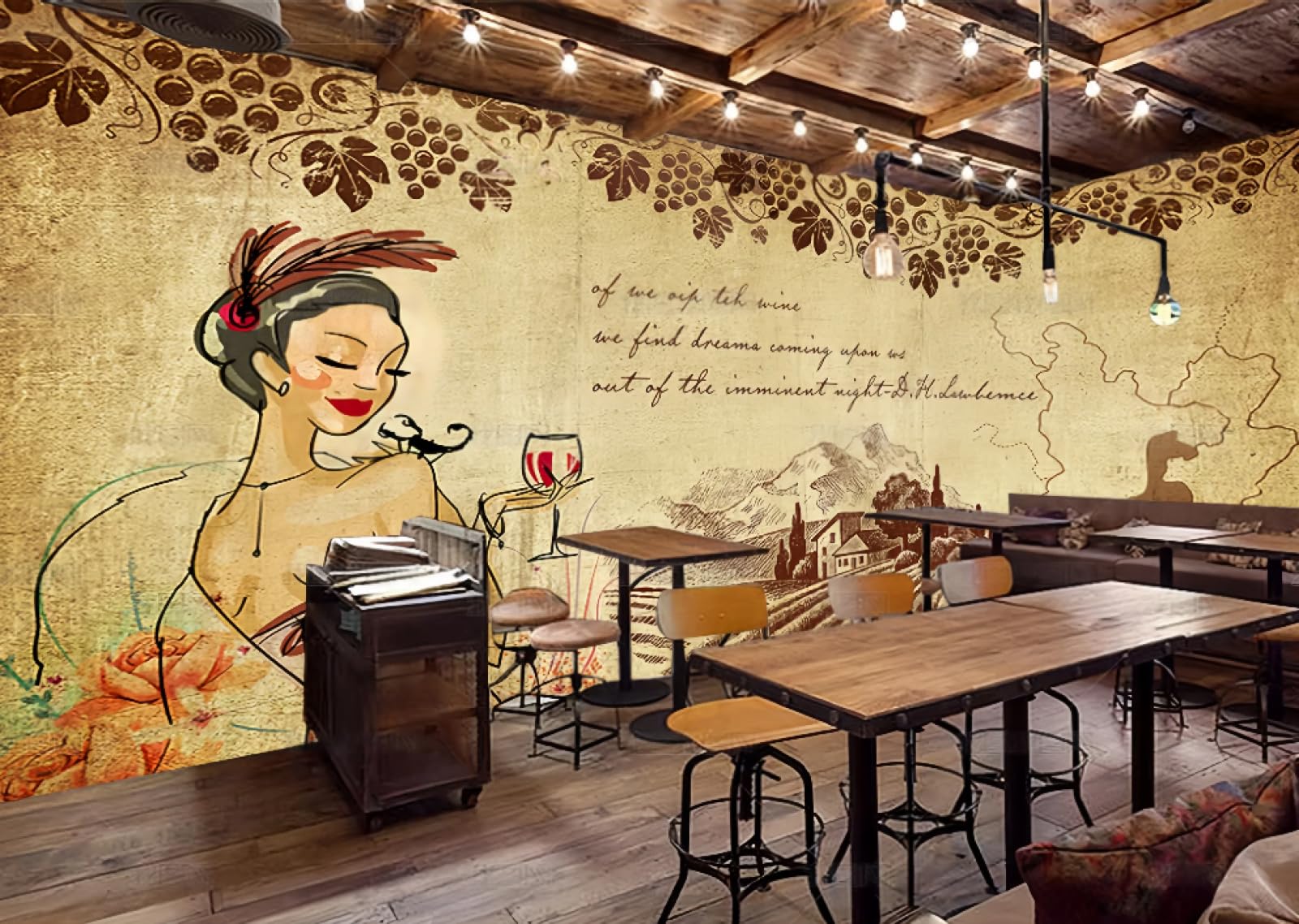 Tapeta w stylu vintage z drewnianą beczką do winnicy, piwnicy, baru, hotelu, kawiarni, restauracji, 3D, 250 x 175 cm