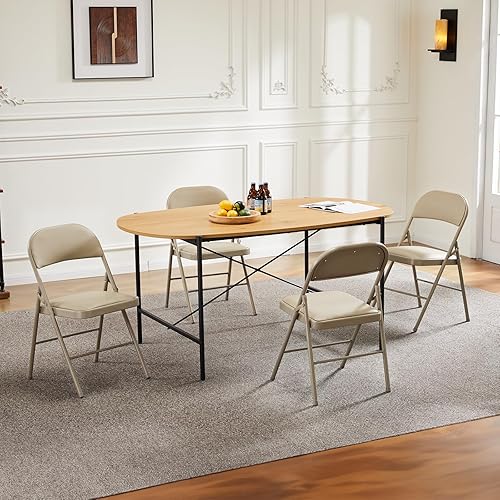 Vista 65 de DUMOS Paquete de 4 sillas plegables acolchadas de cuero, asiento comercial apilable portátil para interiores y exteriores con marco de acero, Caqui