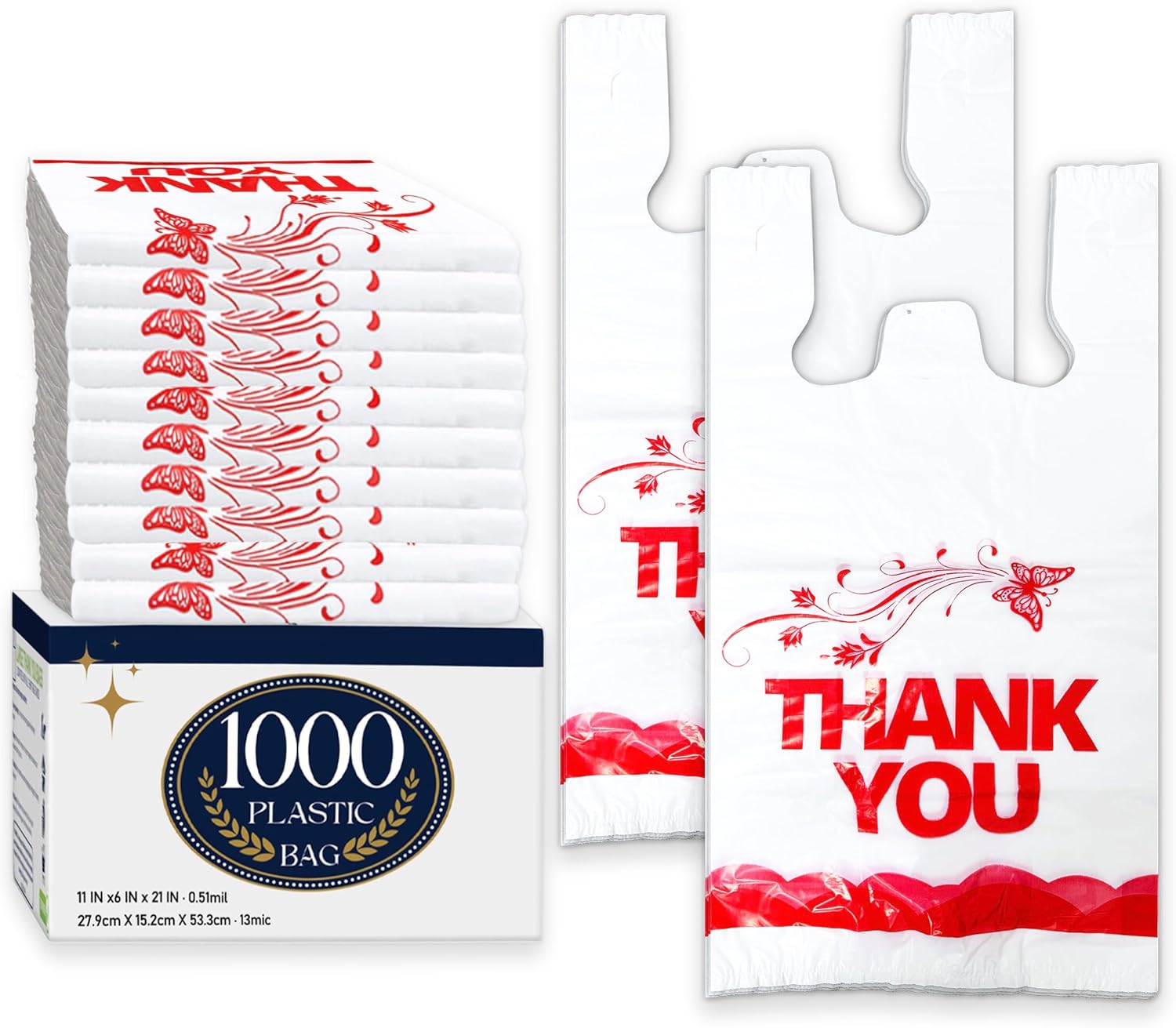 White Thank You T-shirt Bags, 11x6x21, 1000 pcs