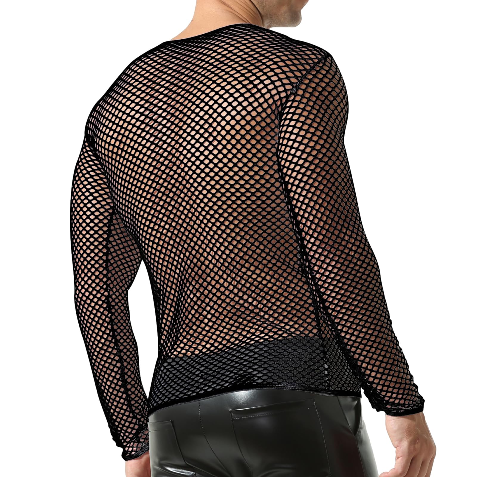QiaTi Hommes T-Shirt à Manches Longues Transparent en résille pour Hommes Chemises Transparentes Maillot de Corps en Maille à Manches Longues