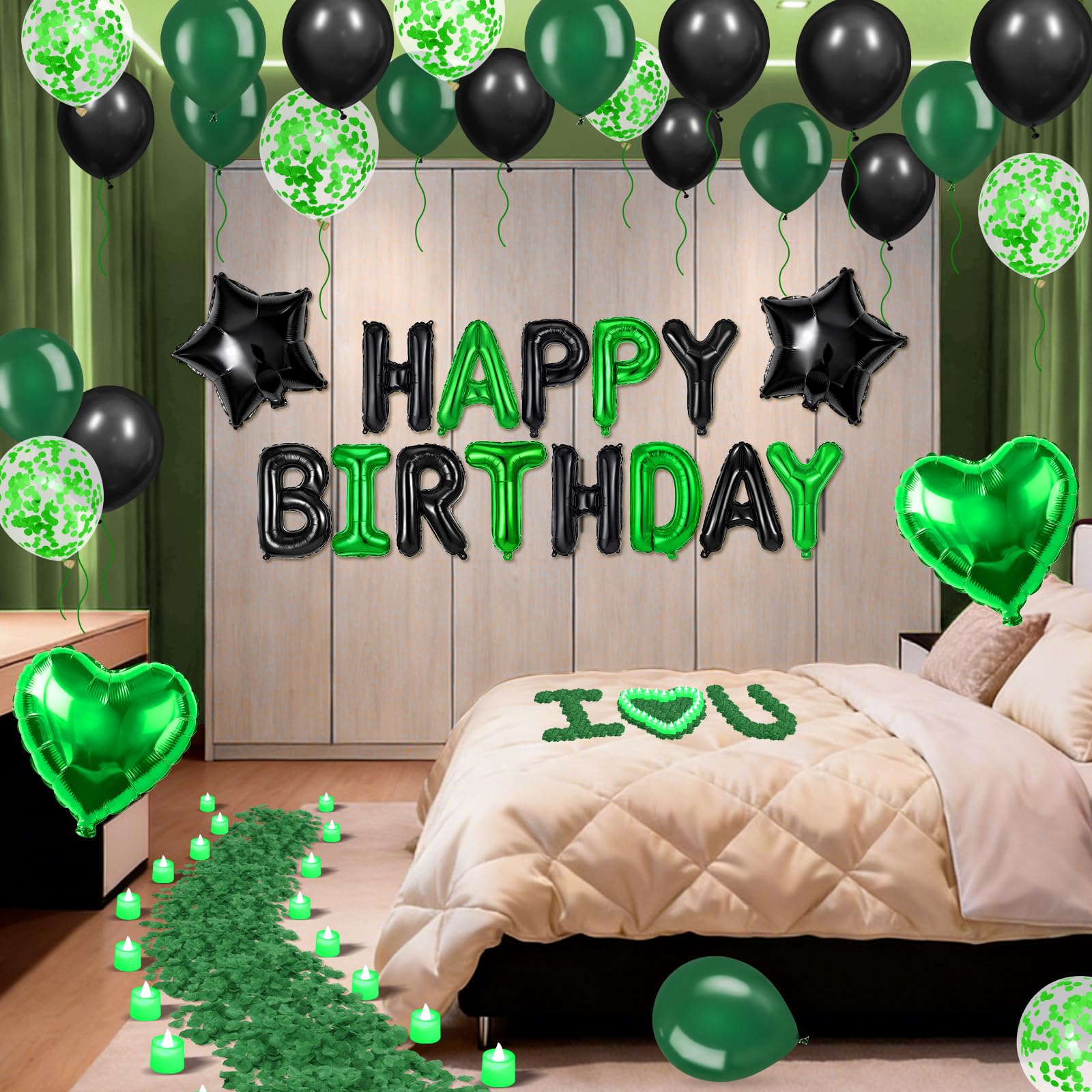 Ballons décoratifs « Happy Birthday » verts et noirs - Bannière de ballons d'anniversaire avec étoiles et cœurs - 1 000 pétales de rose artificiels - 24 bougies LED sans flamme pour fête