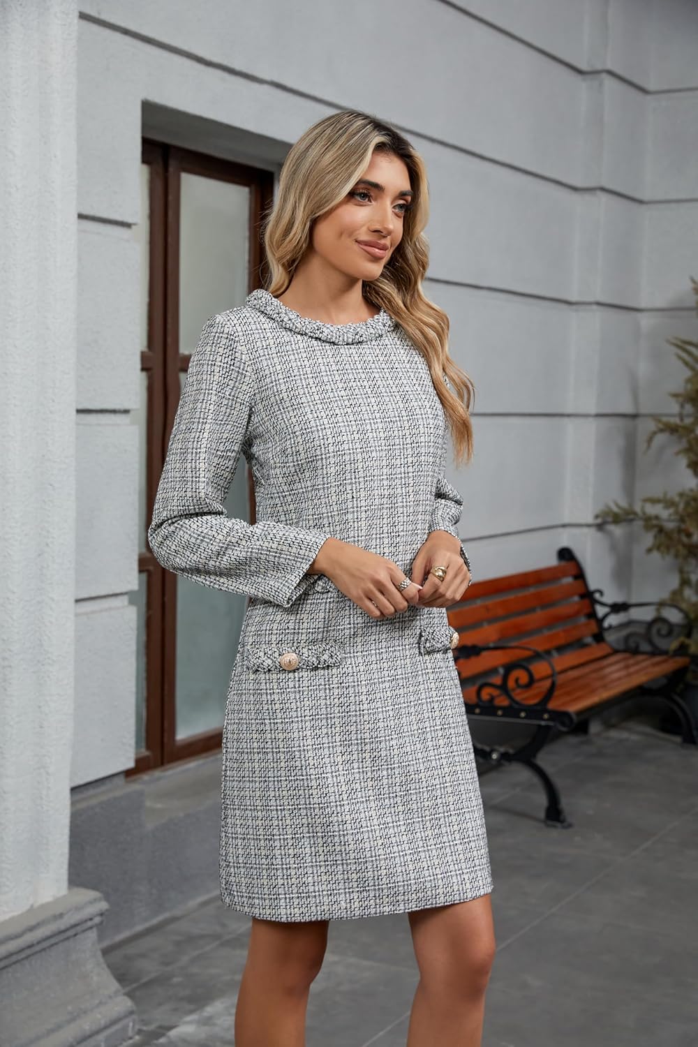 LifeShe Women's Long Sleeve Tweed Mini Dress Business Work Short Dress Elegant Cute Party Dresses - Image 5