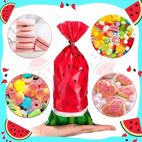 Miniatura 3 de 100 bolsas de sandía para dulces de celofán, bolsas de plástico de melón a granel con 200 lazos giratorios para regalo de fiesta de cumpleaños,