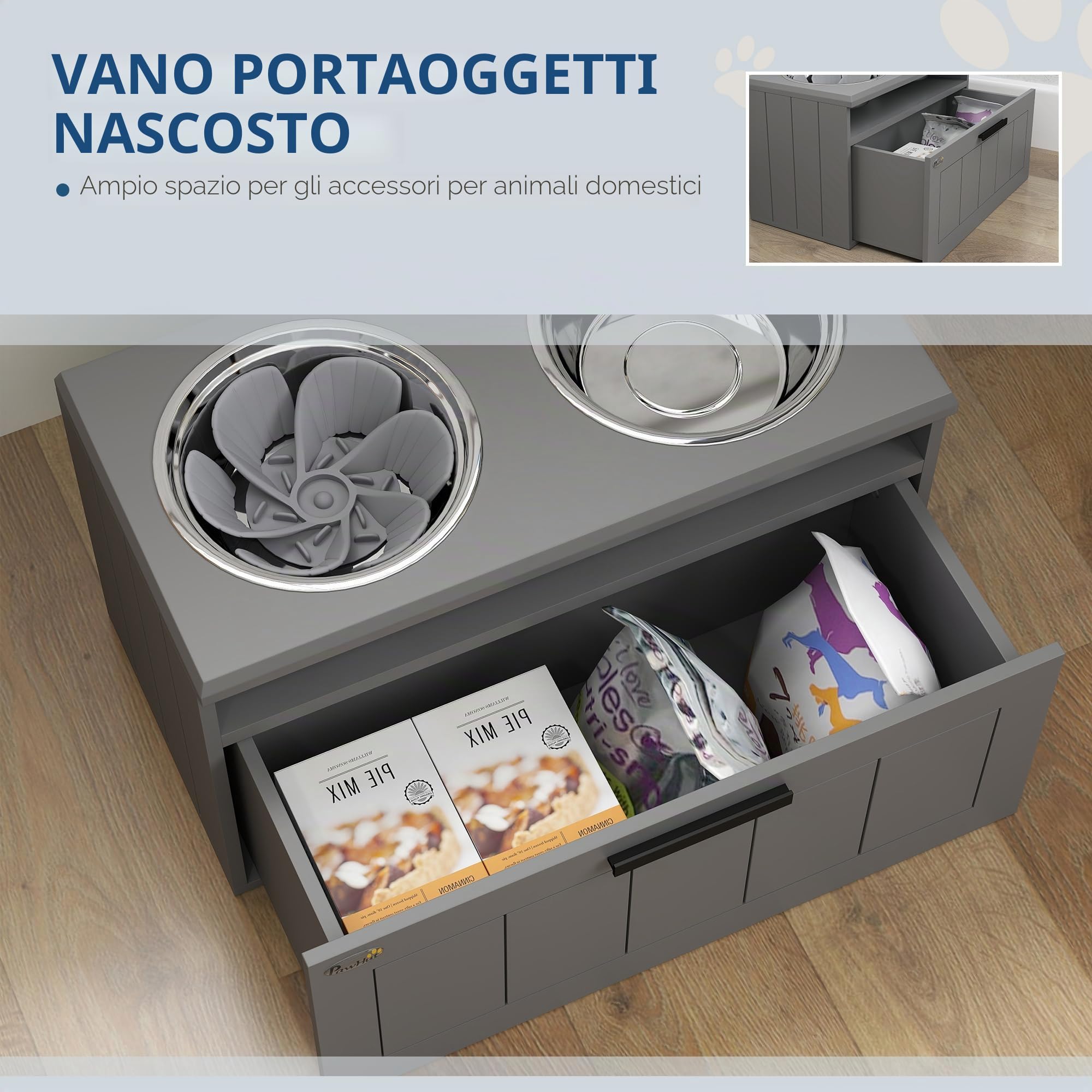PawHut ciotole per cani, stazione di alimentazione rialzata con 2 ciotole in acciaio inox, tappetino antistrisciamento, supporto per ciotola per cani con spazio di archiviazione di 25L, ciotola per