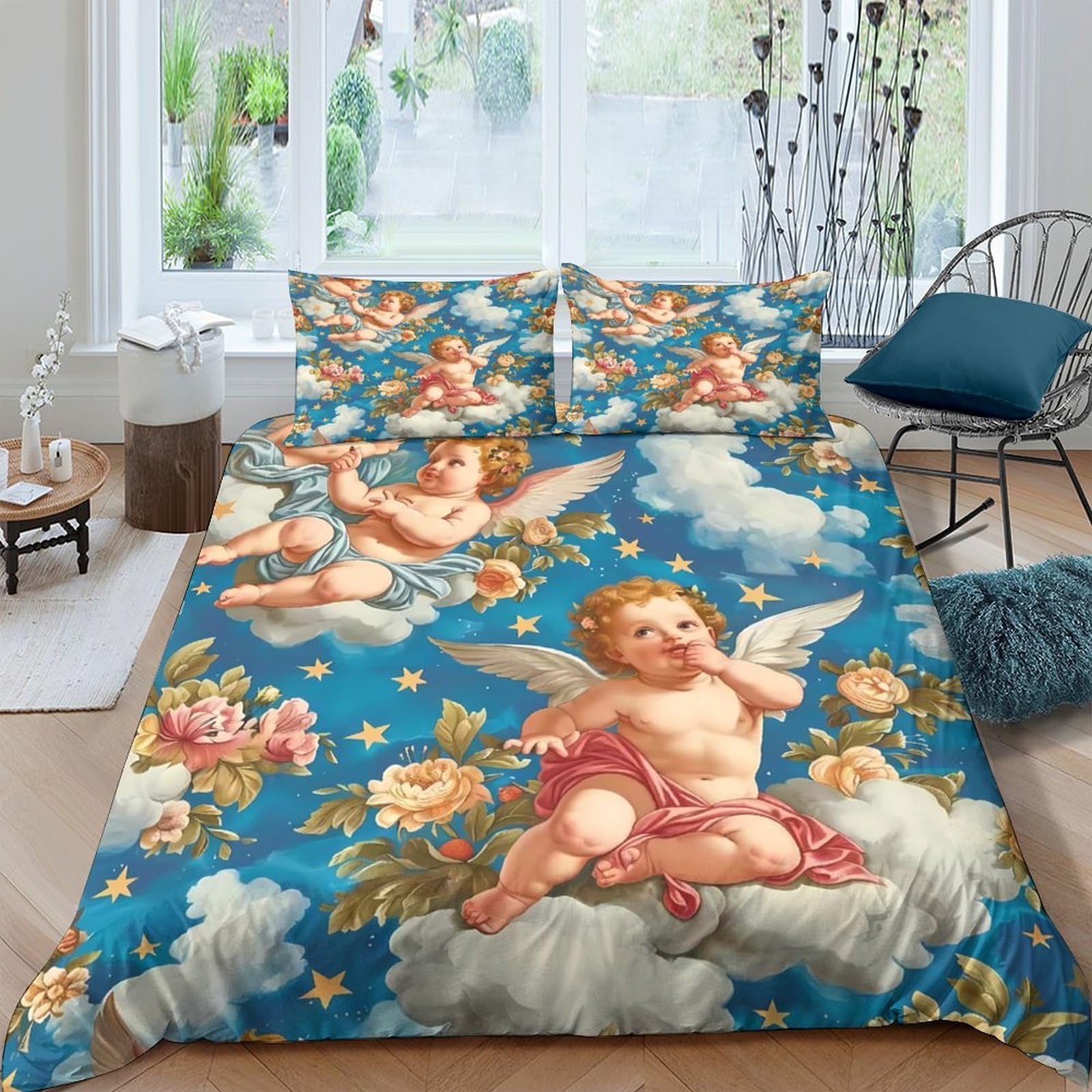Ctjqhvkz Style-5 3D Printed Angel Cloud Fitted Sheet Microfiber Soft Blue Floral Bed Sheet For Bedroom Guest Room Decor Single（135X200cm）
