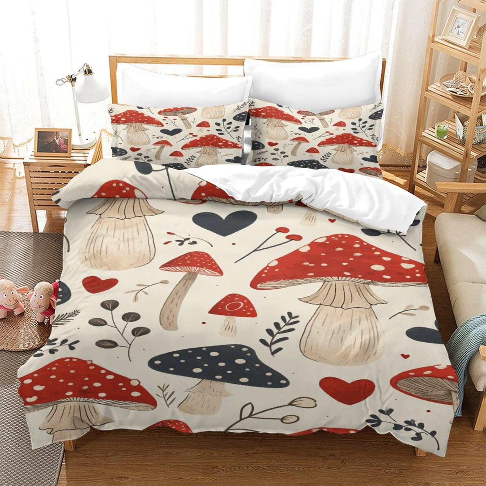 P1S9U7W5Y 3D Printed Whimsical Mushroom Duvet Cover Set 3pcs Microfiber Nature Mushroom Bedding Set Double