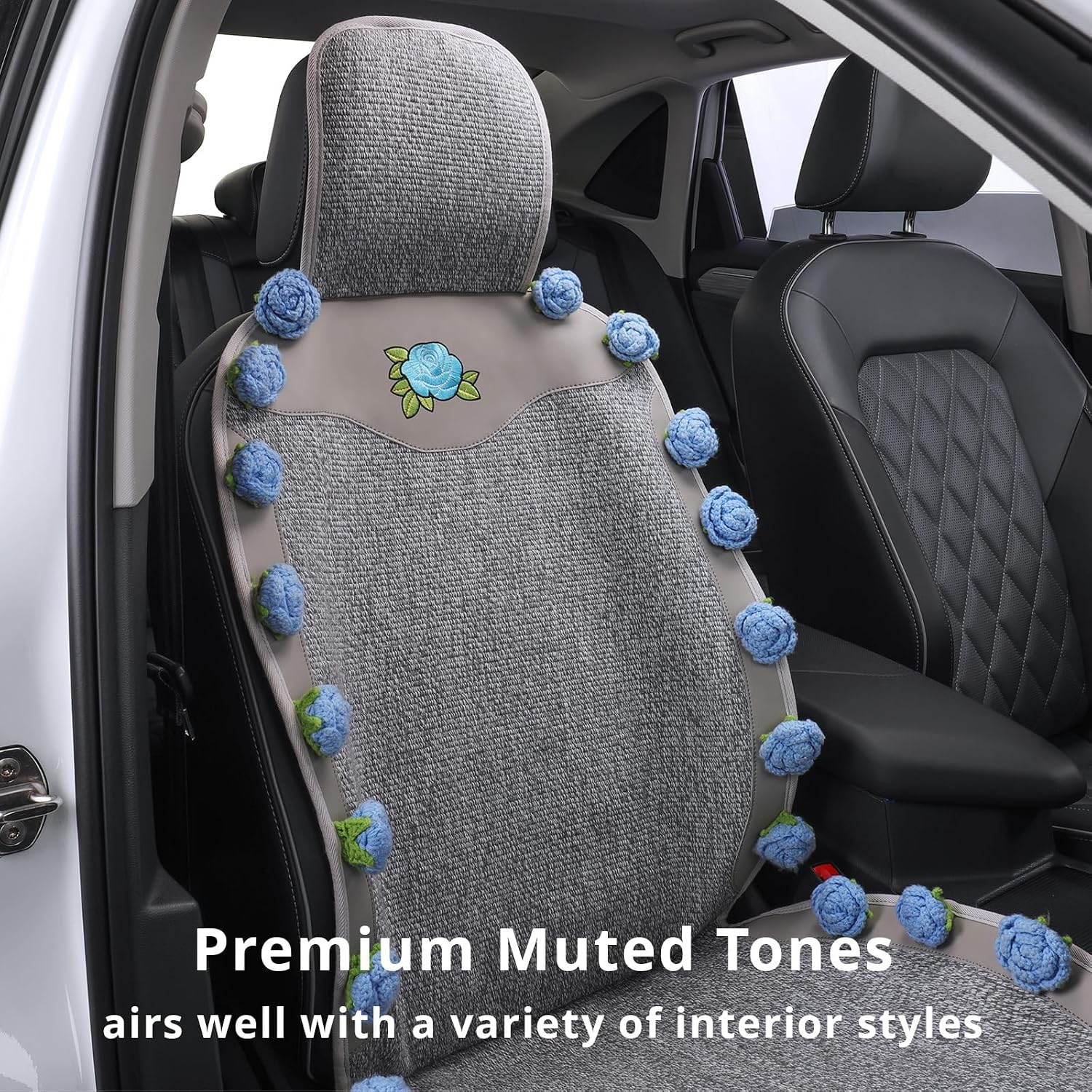 Universal Car Seat Covers,Handmade Floral Grey&Blue Rose Cushion,Leather&Cotton Blend,Cute Interior Seat Cover for Cars,SUVs & Trucks,Car Accessories Gift for Women (1-Piece)