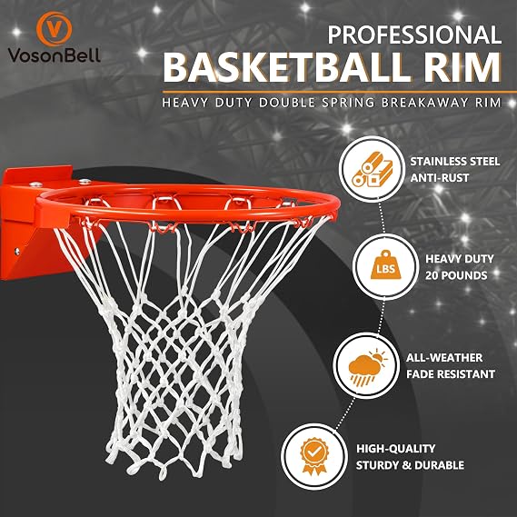 Basketball Rim Replacement, Heavy Duty Breakaway Rim and Net, Universal 18 Professional Double-Spring Solid Steel Backboard Rims Fits In-Ground and Wall-Mounted Basketball Hoops Indoor Outdoor