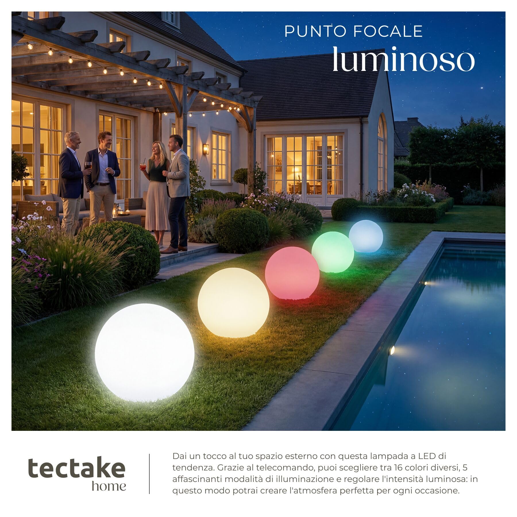 tectake® Lampada da terra Sfera LED, luce RGB da esterno e interno, telecomando, 16 colori, 1200 lumen, IP44 water proof, polietilene, luci giardino arredo esterno, piedini - M - Ø 40 x 40 cm