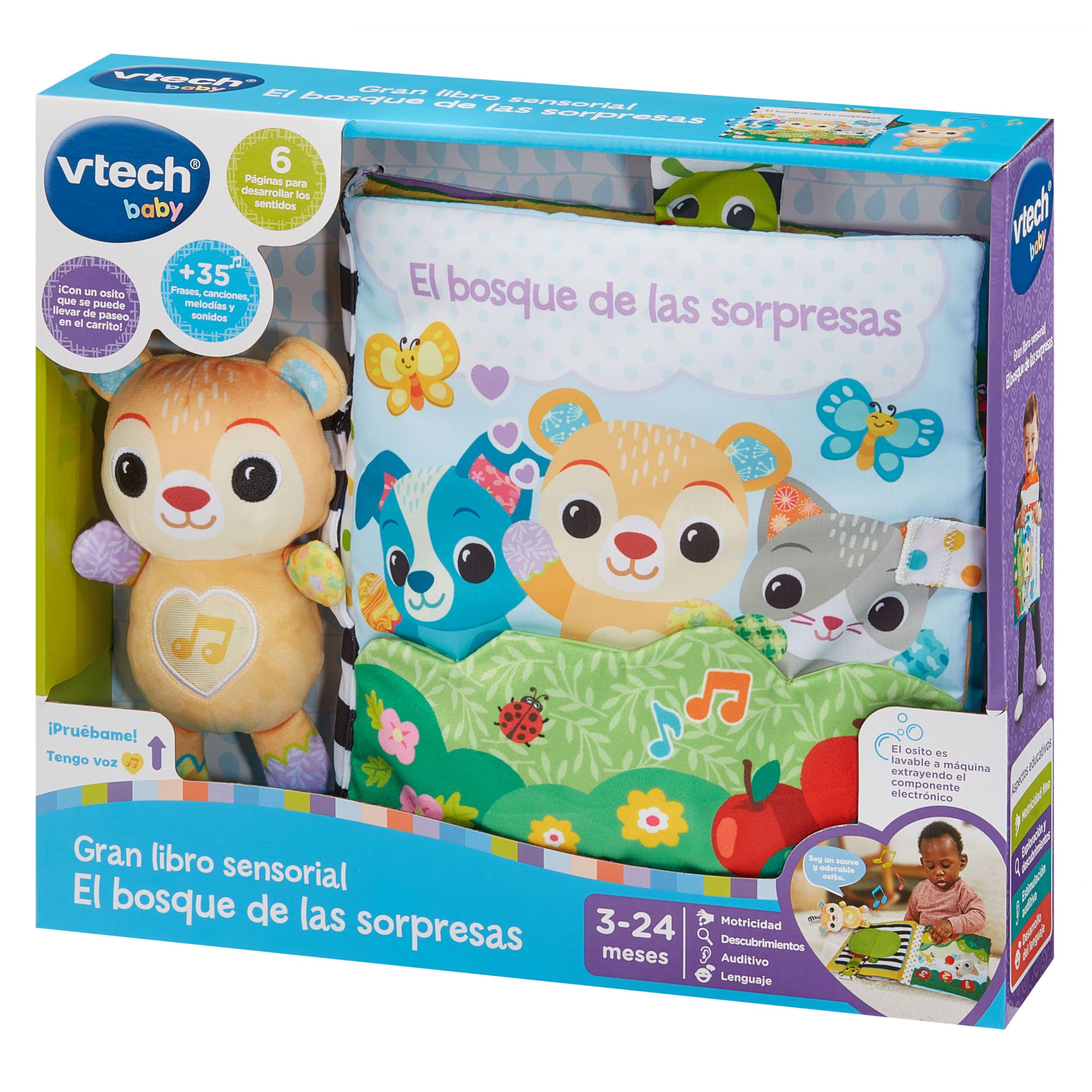 VTech-Baby Gran Libro sensorial El Bosque de Las sorpresas, Libro Grande de Tela, Interactivo, Elementos Móviles, Canciones y Melodías, Osito Separado, Regalo bebés +3 Meses, Versión ESP