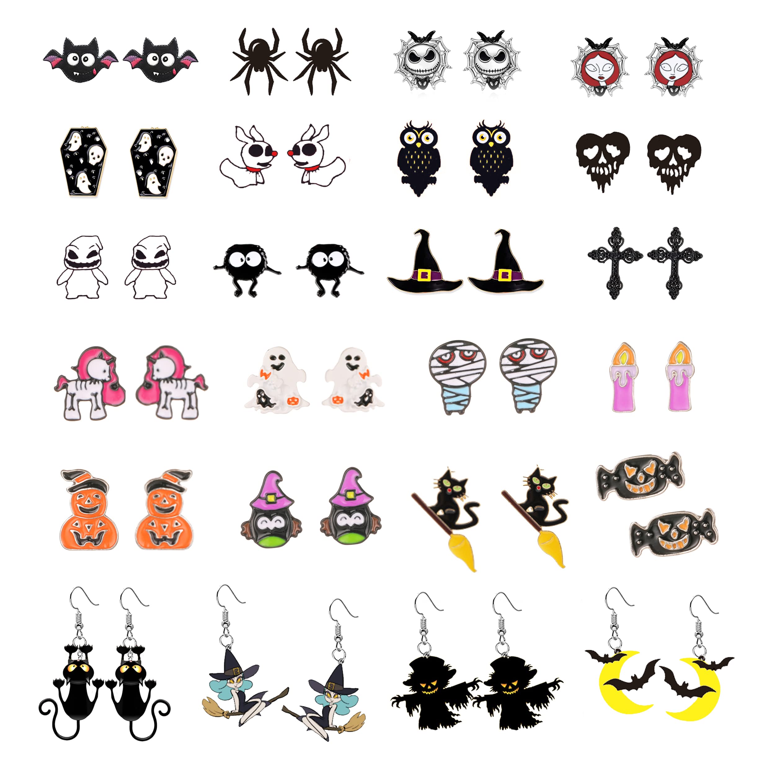 Aganippe24 Pairs Halloween Earrings for Women Girls Stud Earring Sets Bat Cat Witch Ghost Spider Moon Pumpkin Halloween Drop Earrings