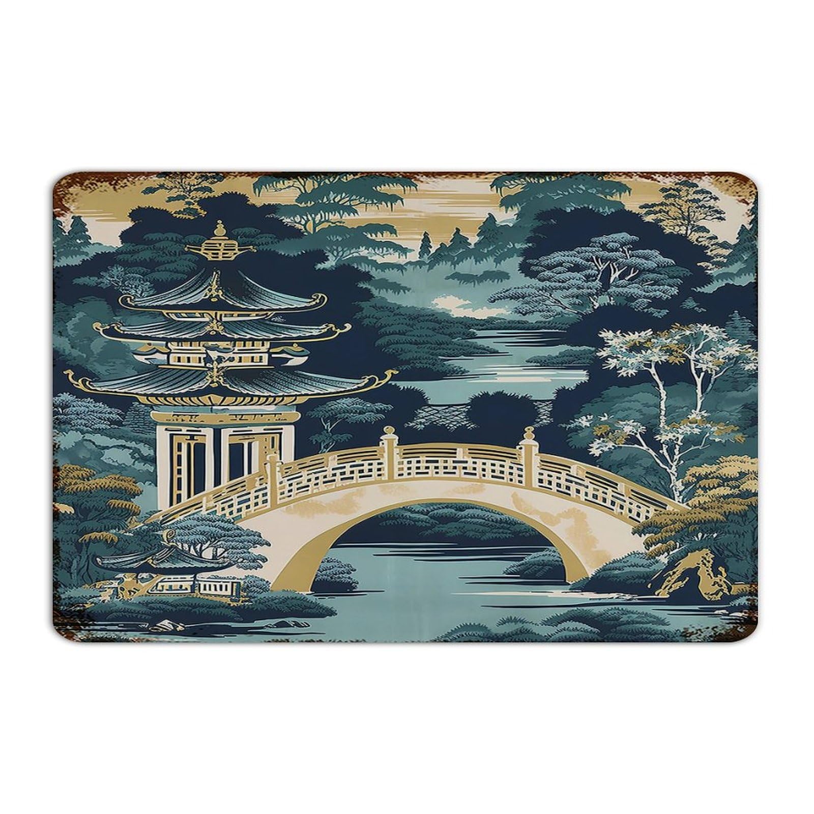 Autravelco Style-6 Decorative Metal Tin Sign Chinoiserie Asian Pagoda White Blue Home Décor Aluminum Metal Sign For Patio Coffee Bar Indoor Flower Asian Inspired Art Poster Gift For Entryway 12X18 Inch