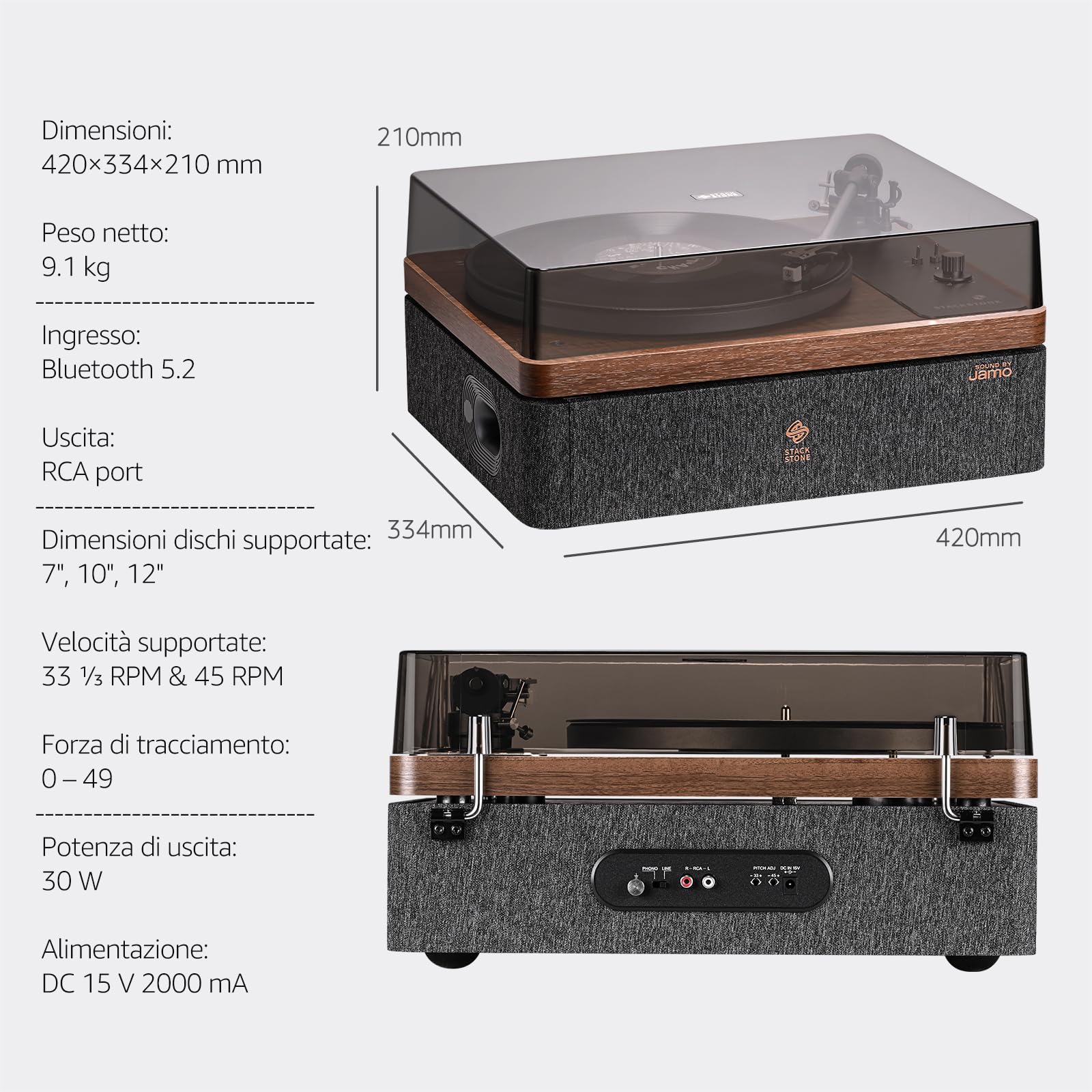 STACK STONE x Jamo Giradischi Vinile Vintage Bluetooth, Giradischi con Altoparlanti, Sistema Antivibrazione, Cartuccia Magnetica AT3600L, Hi-Fi, 33/45 RPM