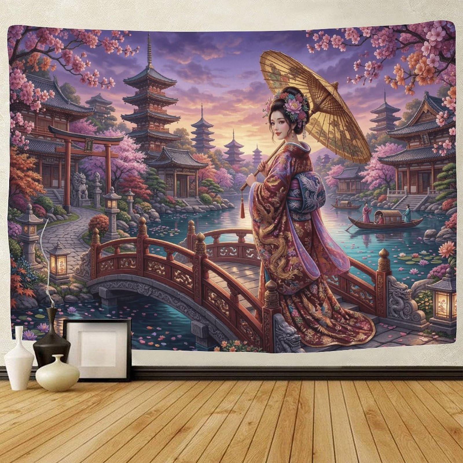 GPMNBCXZK Japanese Geisha 3D Print Wall Tapestry Pagoda Bedroom Decor Dorm Living Room Wall Art 180cmx230cm
