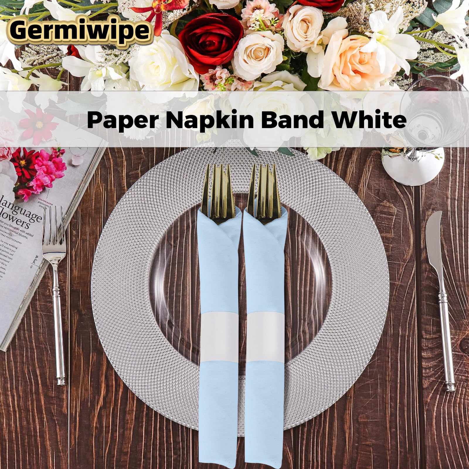 Germiwipe GENB2500WH - Servilleteros autoadhesivos, servilleteros de papel impreso, envolturas de cubiertos blancos, 1.5 x 4.25 pulgadas (paquete de 2.500)