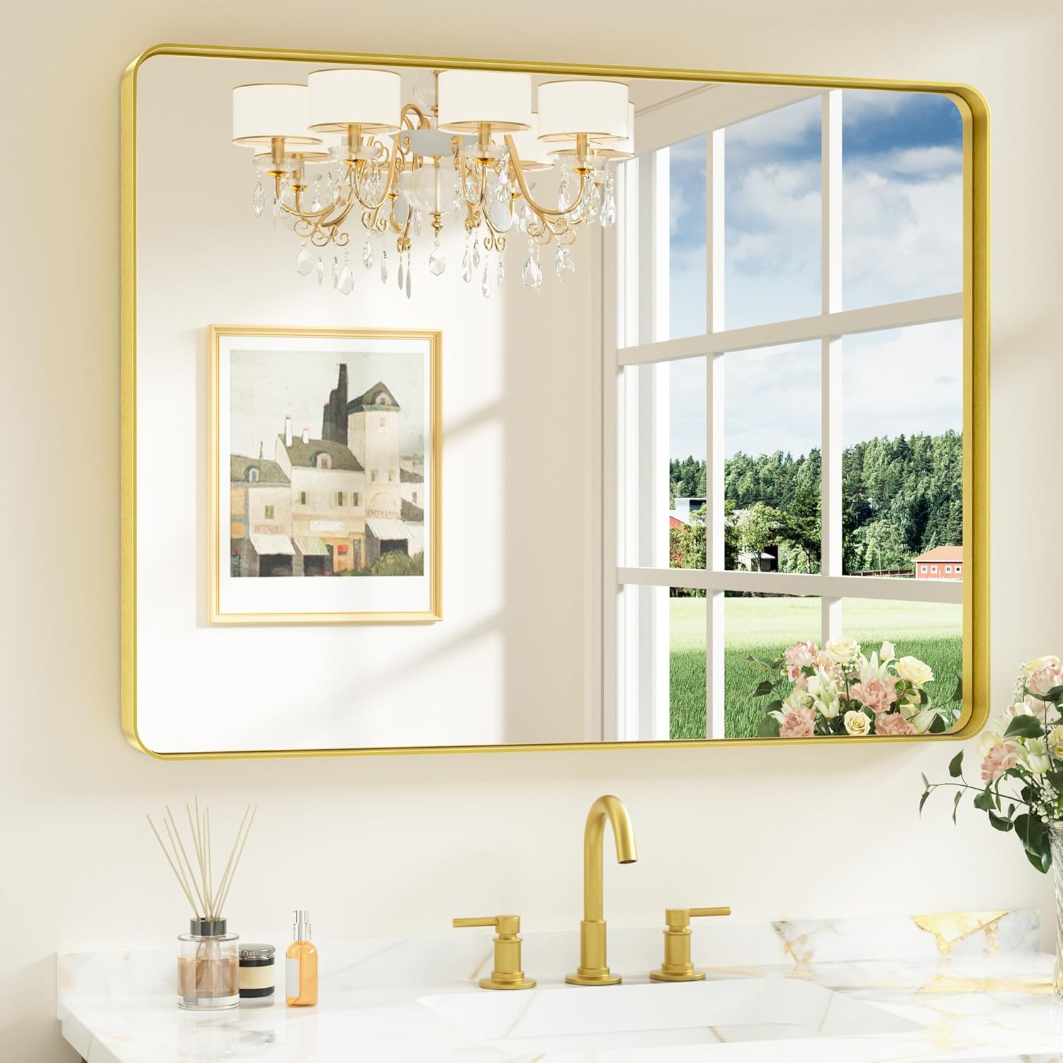 Keonjinn Gold Bathroom Mirrors for Over Sink, 40” x 30” Brushed Brass Mirror, Large Rounded Rectangle Gold Vanity Mirror with Metal Frame, HD Tempered Glass Modern Wall Mirror(Horizontal/Vertical) Brushed Gold 30"L x 40"W