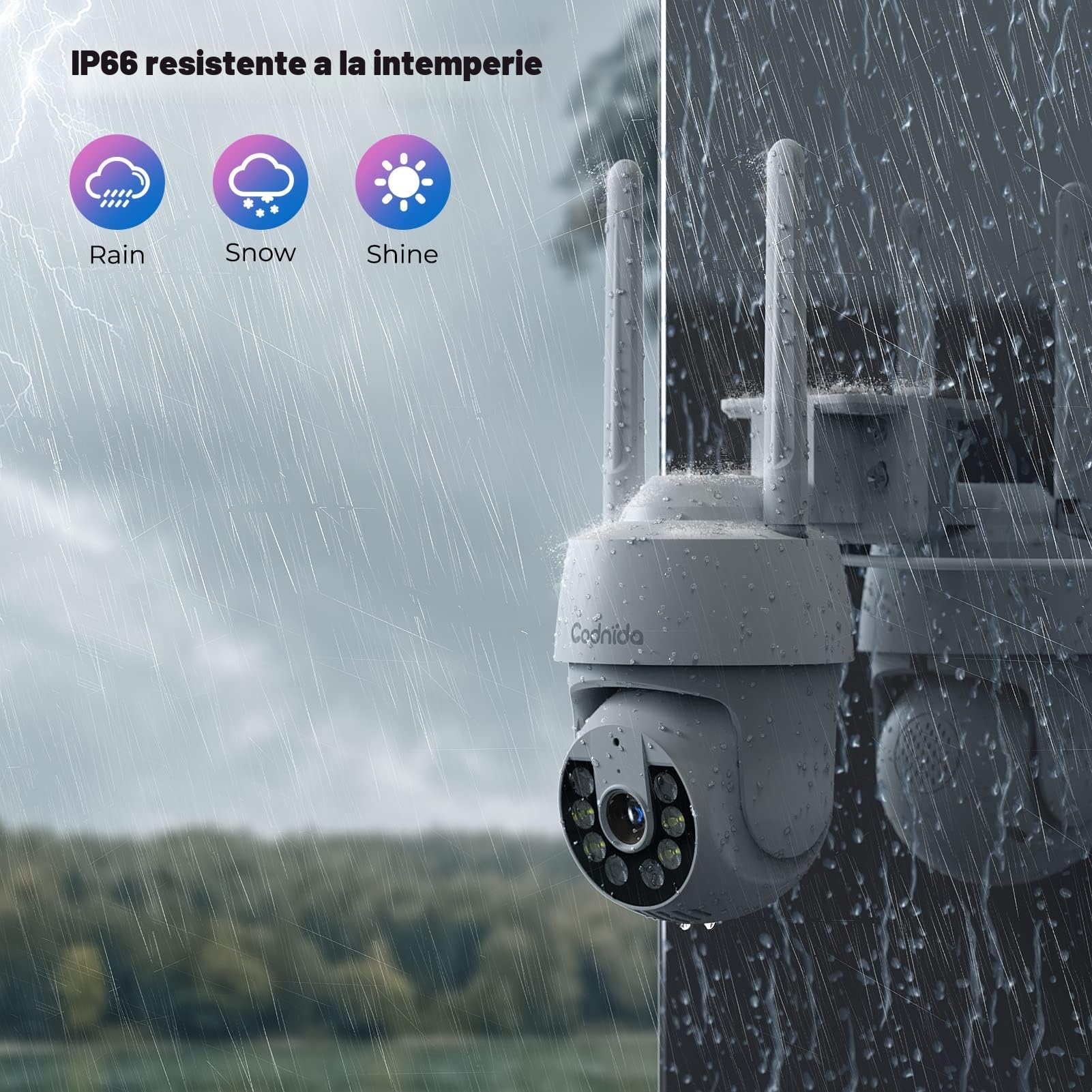 Codnida 2K Camara Vigilancia WiFi Exterior, Camaras Vigilancia Domicilio 2.4Ghz WiFi PTZ 360° Vista con Visión Nocturna en Color,24/7 Grabación Continua,Seguimiento Automático,Alarma de Luz y Sonido,