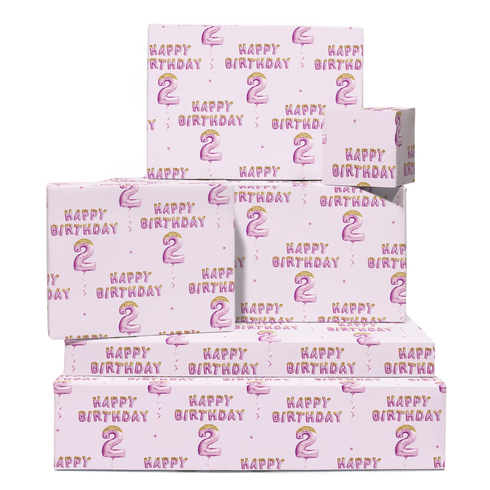 Pink Wrapping Paper - 6 Sheets Wrapping Paper for Girls - 2 Years Old - Happy Birthday Gift Wrap Age Two - Comes With Stickers - Recyclable - By Central 23