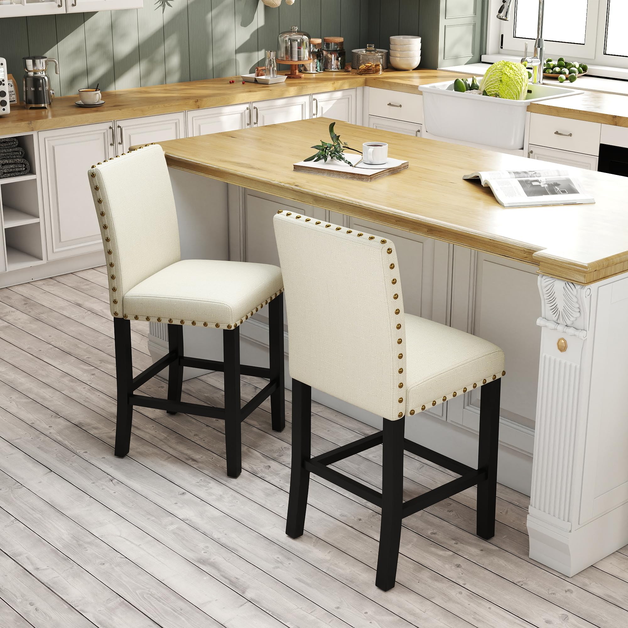 GOTMINSI Nailhead 24 Inches Counter Height Stools Upholstered Bar Stools with Solid Wood Legs, Set of 2 (Beige)