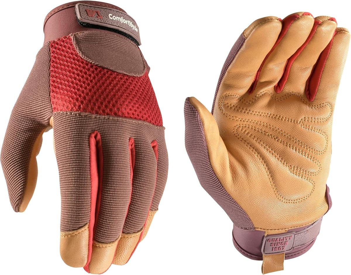 Wells Lamont Guantes de jardinería híbridos de cuero ComfortHyde, transpirables, para mujer, talla mediana (7872M)