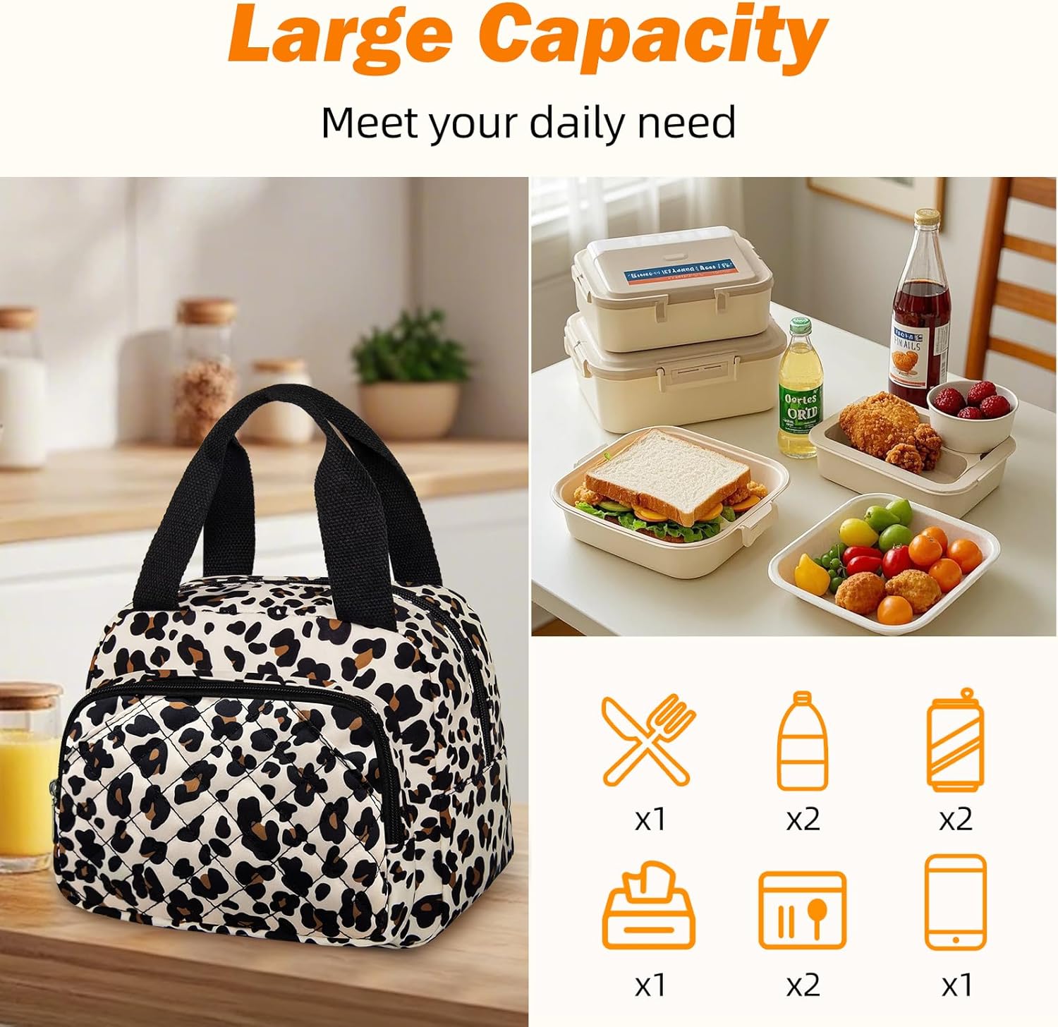 Lunch Bag for Women Reusable Insulated Cooler Adult Lunch Tote Bag Thermal Lunchbox Leakproof Waterproof Cooler Bag for Work Office Camping Travel Lunch Bags for Women -Small Leopard Print - Image 4