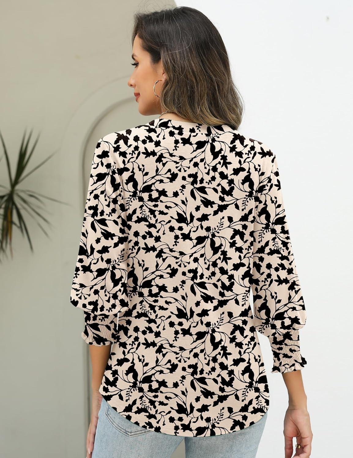 AKEWEI 3/4 Length Sleeve Womens Tops Summer Fashion V Neck Business Casual Blouses Smocked Shirts - Image 3