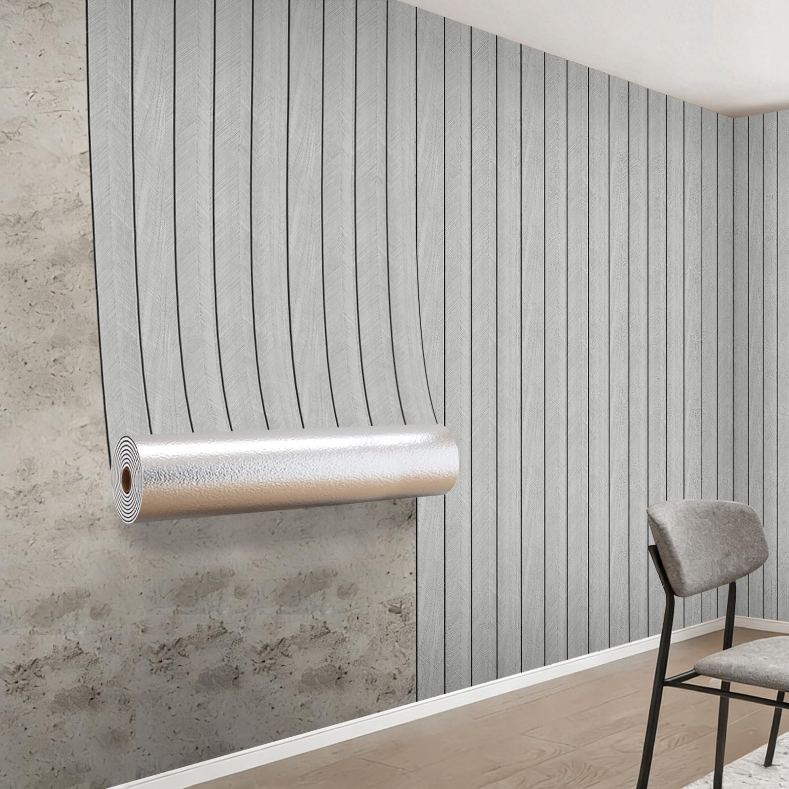 Snewvie Peel and Stick Wood Slat Wall Panels 40cm*3m (1 roll=13 sq.ft) Decorative PVC Wall Panels Soundproof Realistic Natural Self-Adhesive Wallpaper for Living Room Bedroom – (Light Grey)