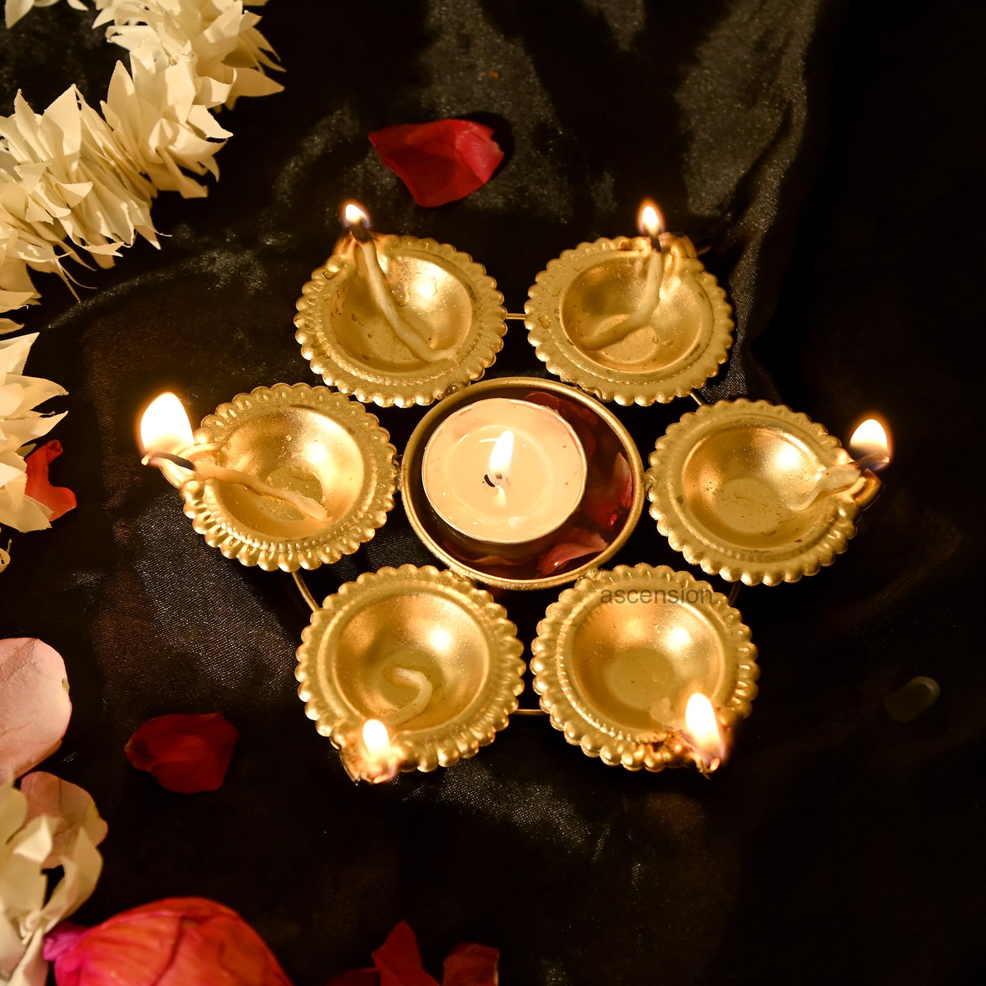Ascension Diya Shape Flower Decorative Urli Bowl for Home Diwali Decor with 6 Attached Oil Diyas for Floating Flowers and Tealight Candles Home Table Diwali Decoration Items for Pooja Room (7 inch)