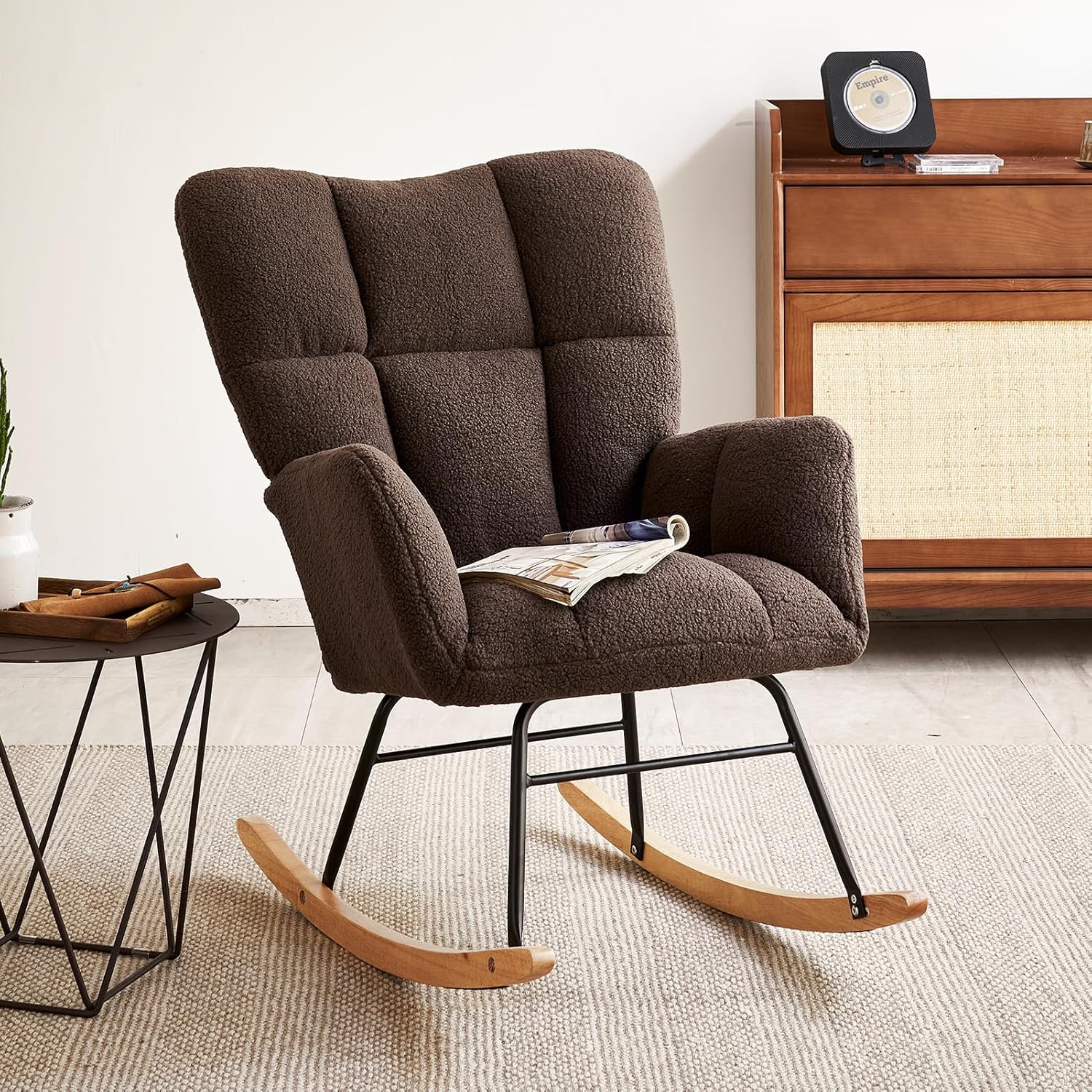 Virabit High-Backrest Teddy Fabric Rocking Chair - Modern Accent Recliner Glider, Cozy Nursery Rocker for Reading in Living Room or Bedroom, Grey